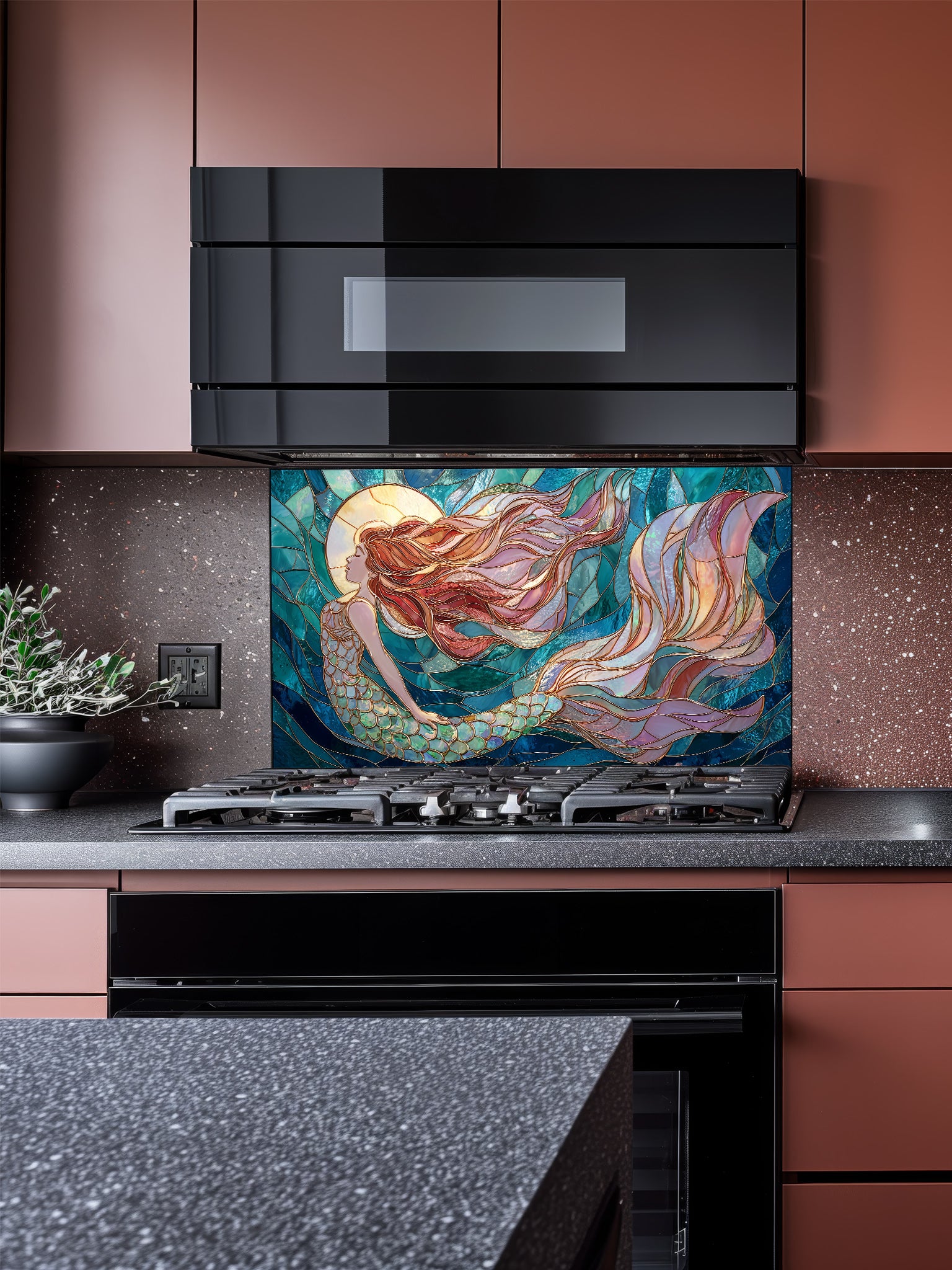 Tempered glass kitchen backsplash featuring a highly realistic 3D illusion of stained glass art showing an elegant mermaid with flowing hair swimming through dynamic ocean waves in deep blues and turquoise, installed behind a modern stainless steel stove.