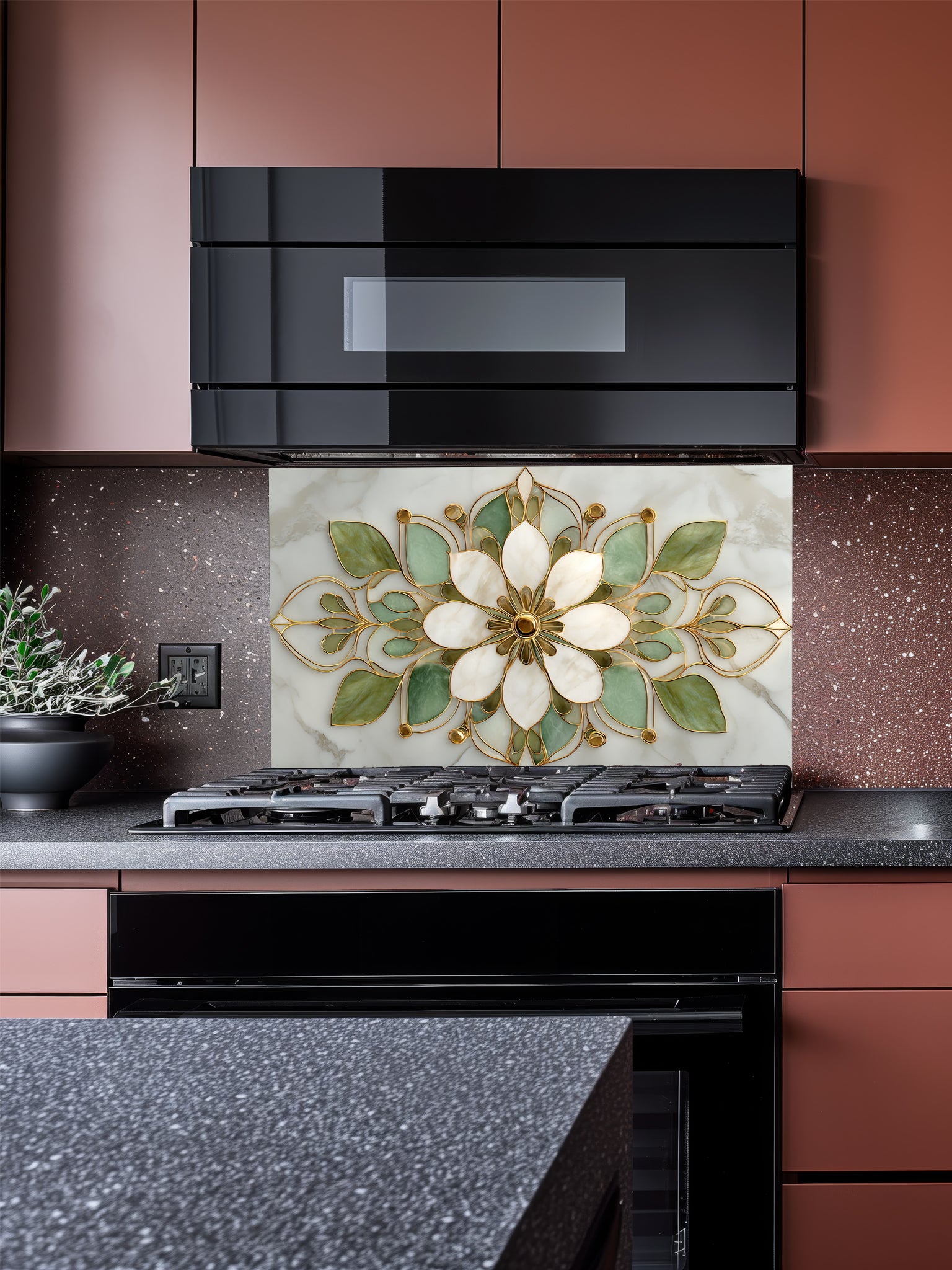 Faux white marble kitchen backsplash featuring an elegant sage green, cream, and gold stained glass lotus mandala pattern, UV printed on smooth tempered glass.