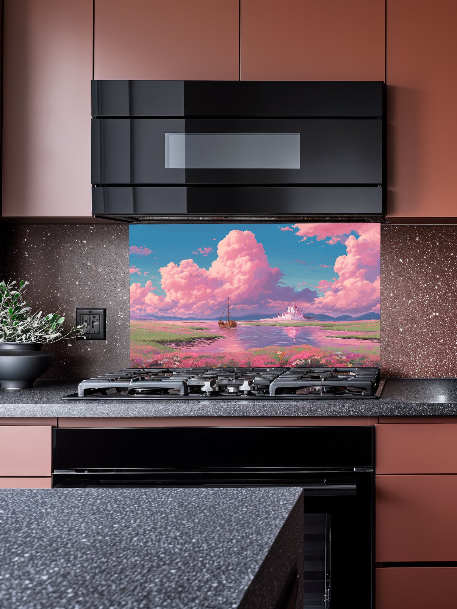 Anime style fantasy landscape with fluffy pastel pink clouds, a sailboat on a calm river, and a distant magical white castle, UV printed on a smooth tempered glass kitchen backsplash.