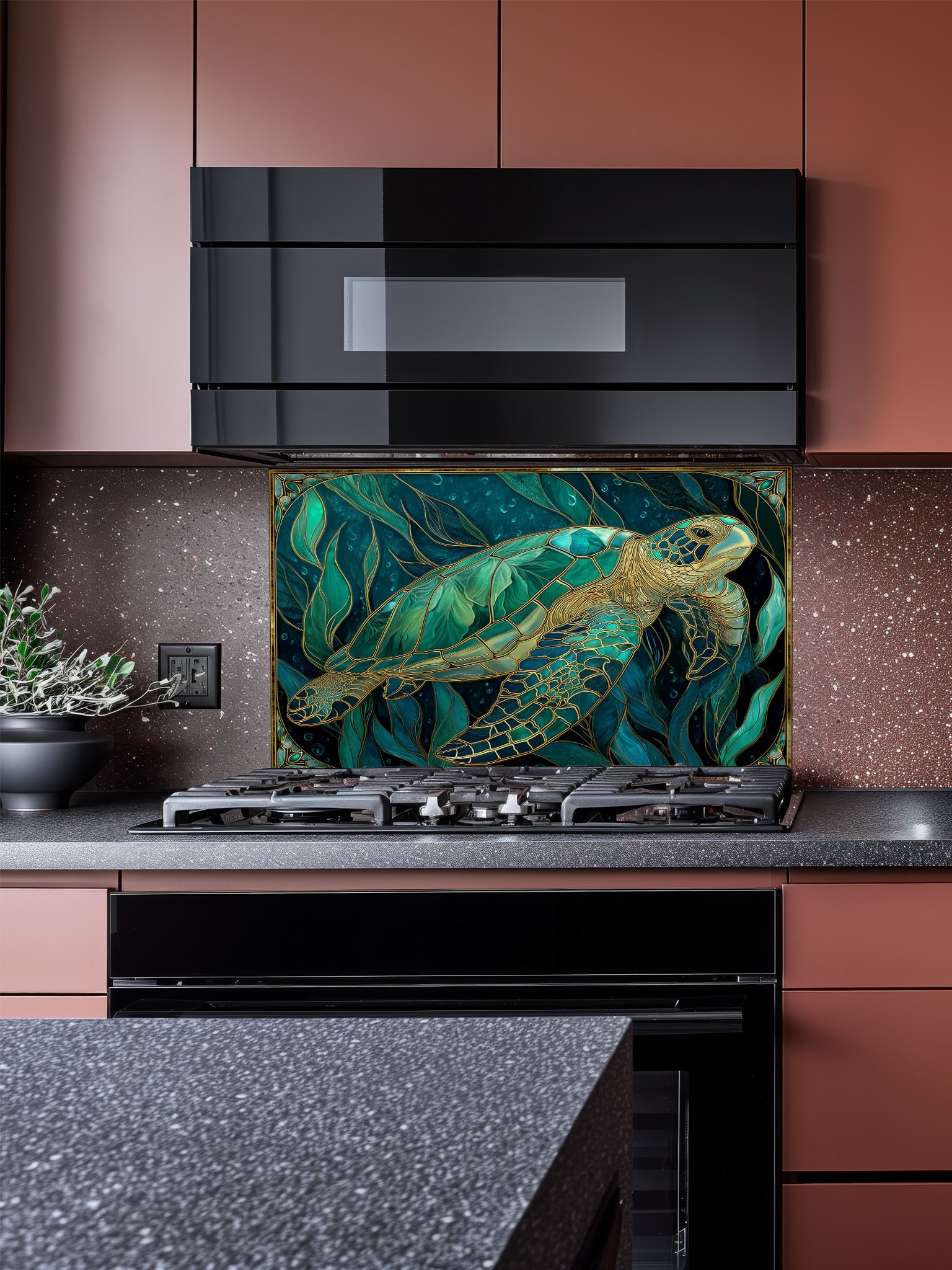 Tempered glass kitchen backsplash featuring a highly realistic 3D illusion of Art Nouveau stained glass showing a graceful sea turtle swimming among flowing teal and emerald underwater botanicals outlined in gold, installed behind a modern stainless steel stove.
