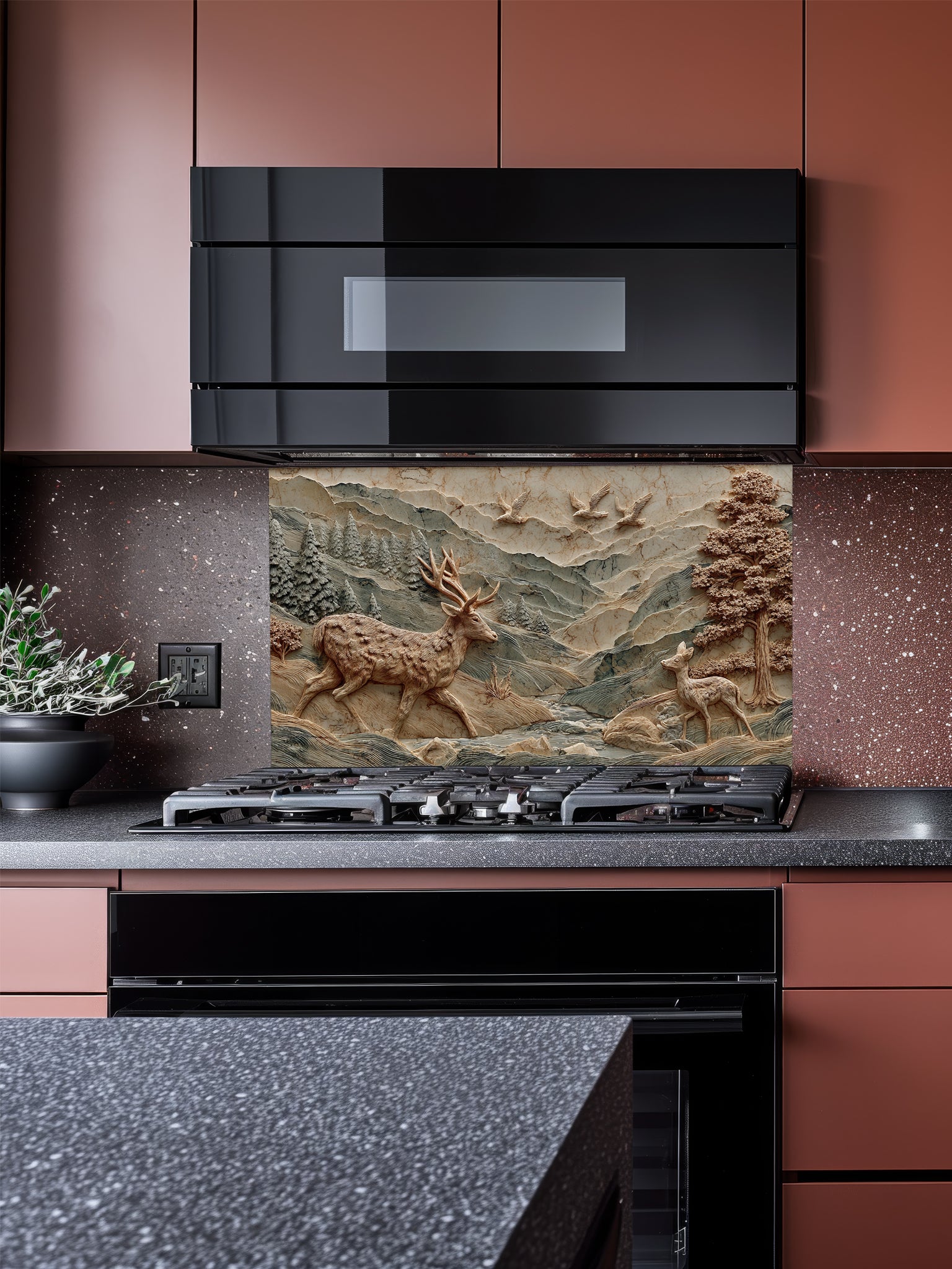 Tempered glass kitchen backsplash featuring a highly realistic 3D illusion of an intricately carved wooden bas-relief sculpture showing a majestic stag and a fawn wandering through a textured mountain and pine forest landscape, installed behind a modern black stove.