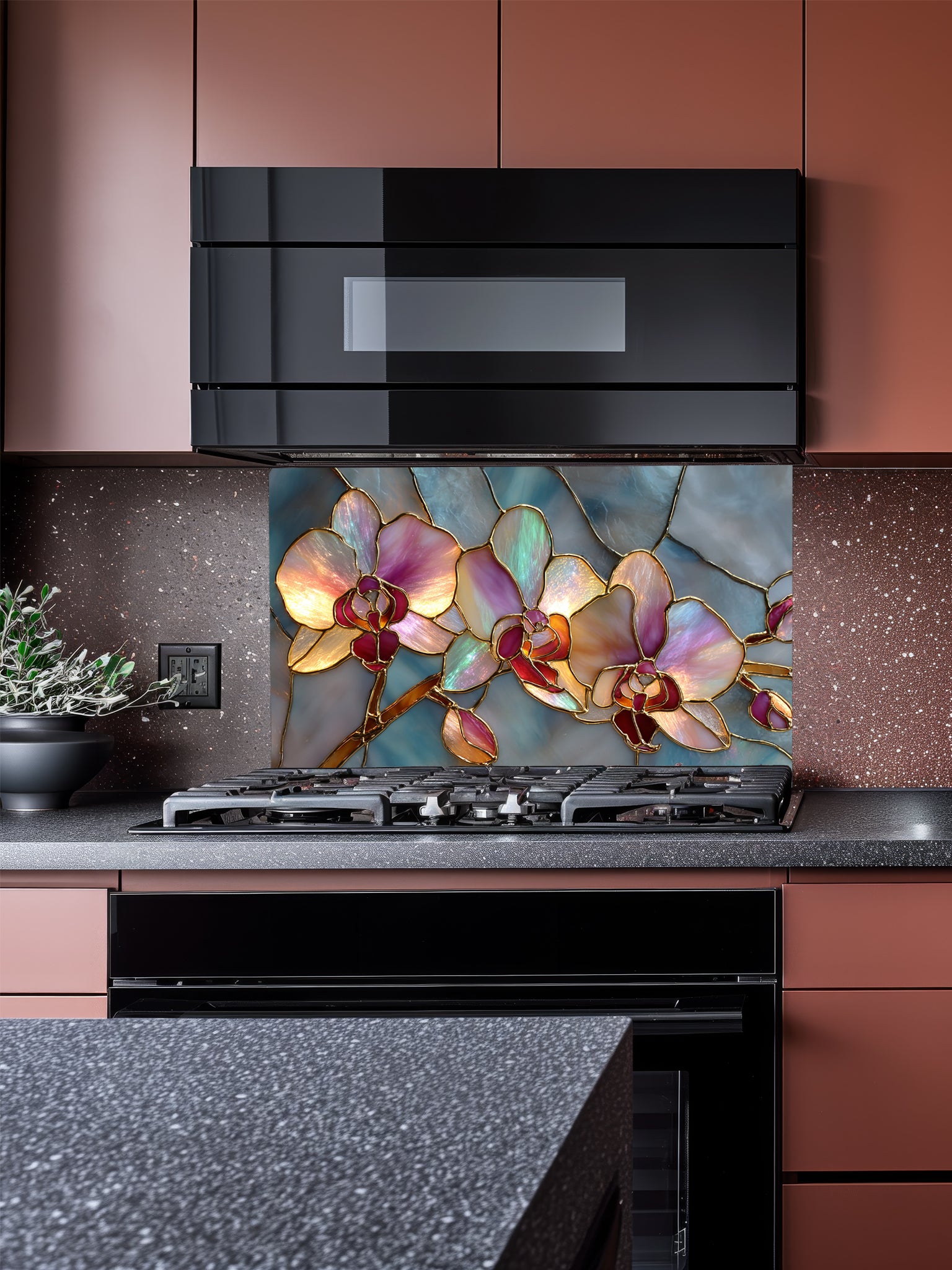 Faux stained glass pattern featuring glowing pink and magenta orchids with gold outlines against a swirling teal and blue mosaic background, UV printed on a smooth tempered glass kitchen backsplash.