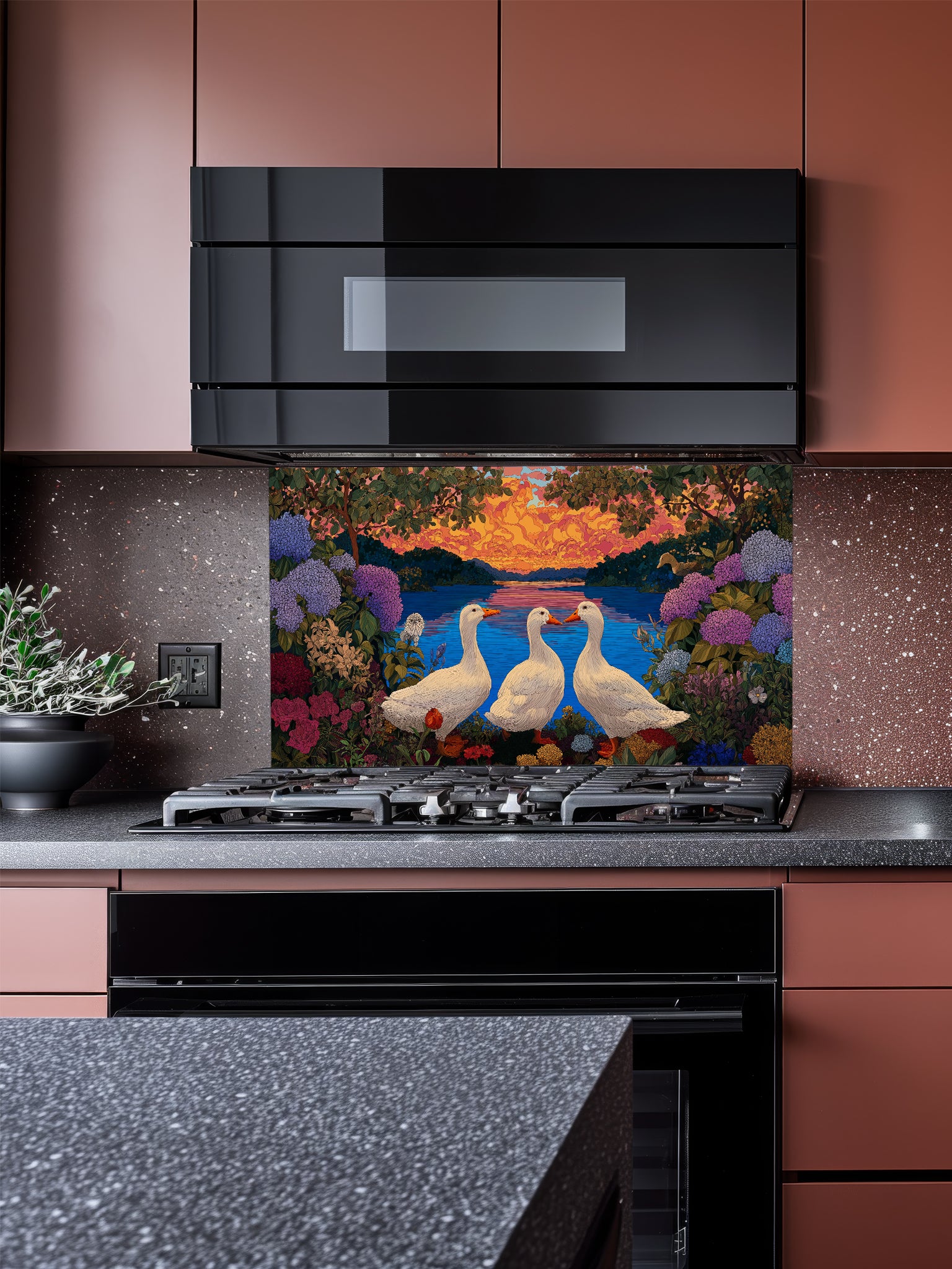 Vintage style illustration of three white ducks by a calm lake at sunset, framed by lush hydrangeas and wildflowers, UV printed on a smooth tempered glass kitchen backsplash.