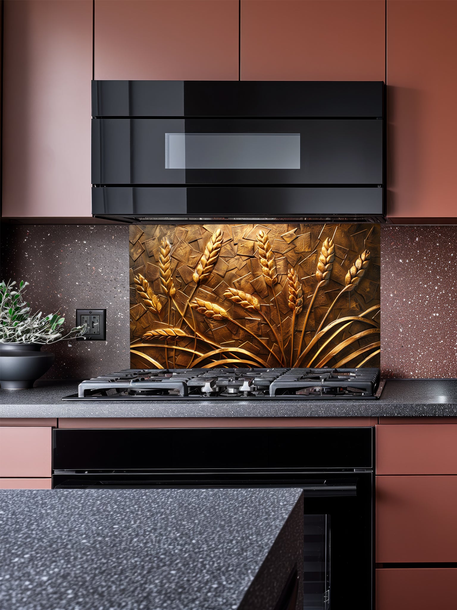 Faux 3D effect carved bronze and gold wheat stalks on a textured metallic background, UV printed on a smooth tempered glass kitchen backsplash, installed behind a modern stove.