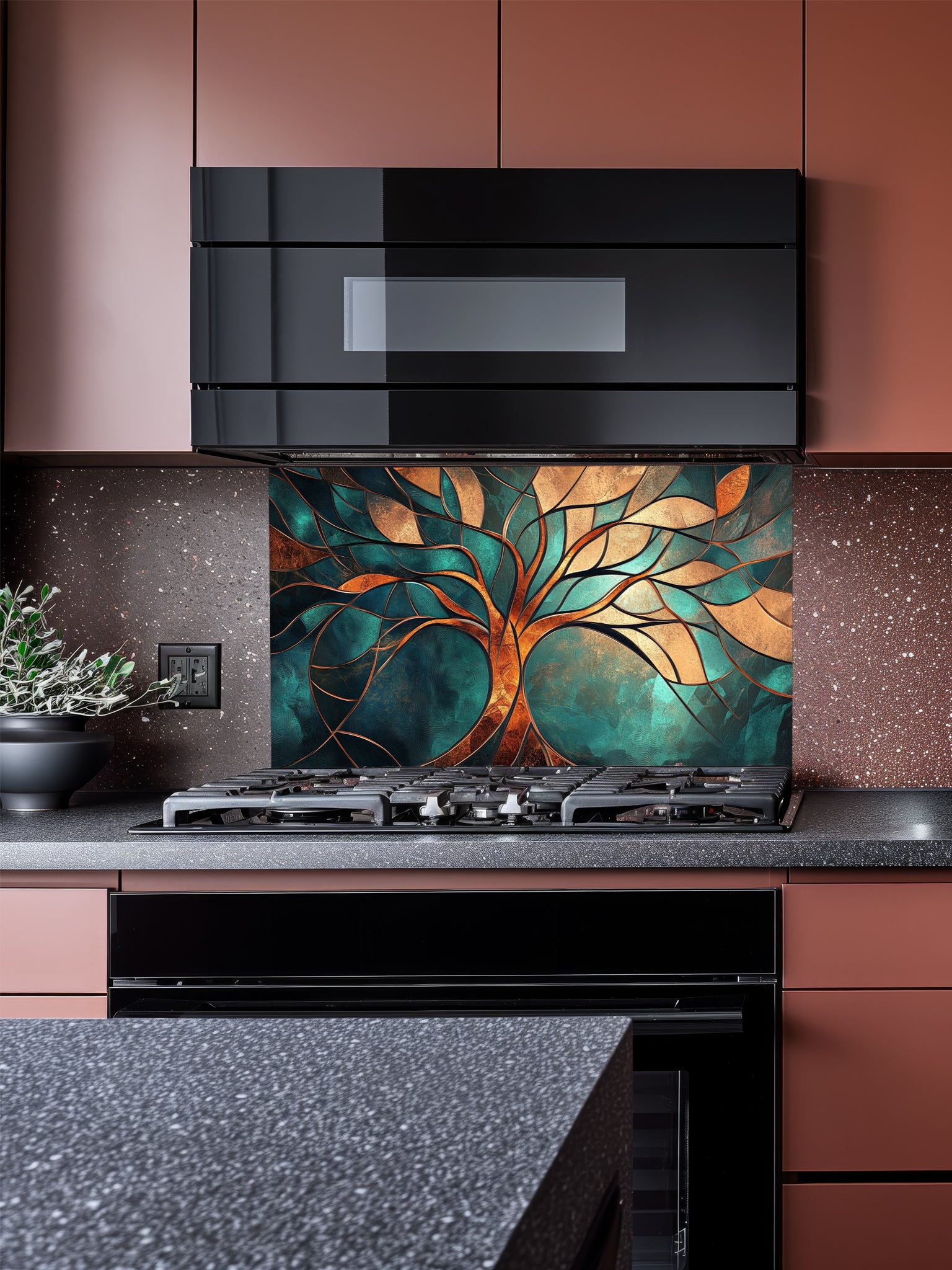 Tempered glass kitchen backsplash featuring a highly realistic 3D illusion of a stained glass and metallic Tree of Life with glowing gold, bronze, and copper branches against a rich teal and emerald background, installed behind a modern black stove.