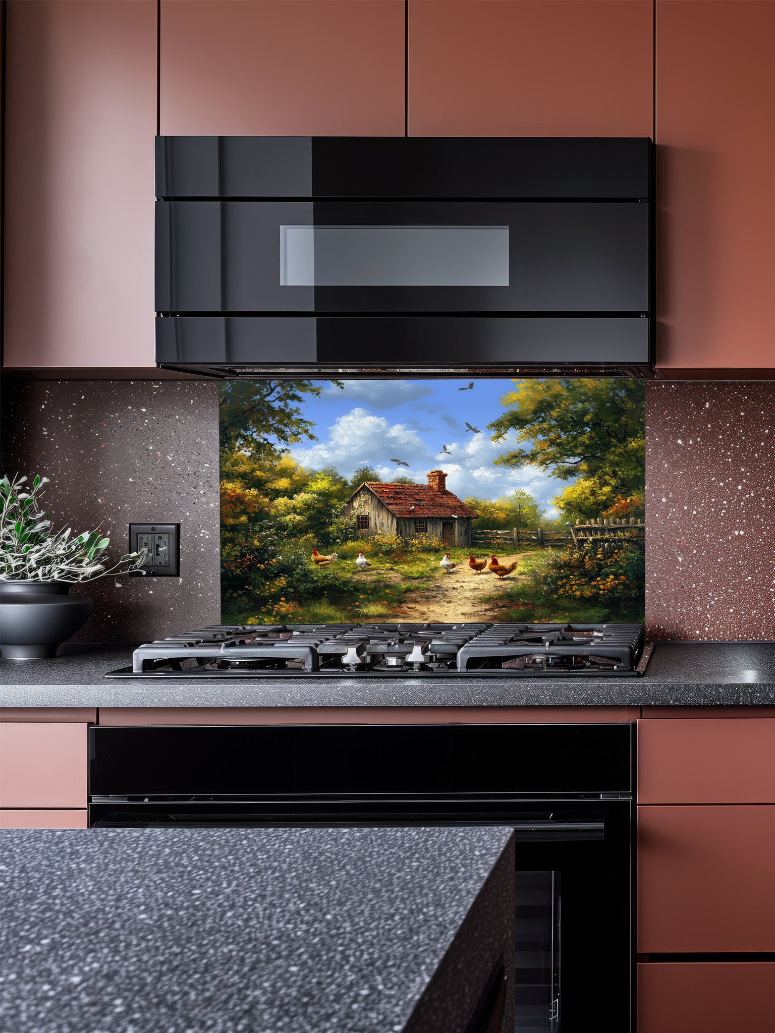 Tempered glass kitchen backsplash featuring a highly realistic illusion of a vintage oil painting showing a rustic farmhouse, lush green trees, and chickens on a dirt path under a blue sky, installed behind a modern stainless steel stove.