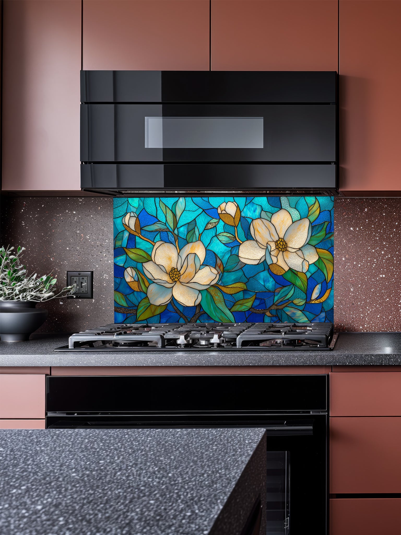 Stained glass style floral pattern featuring large white magnolia blossoms and green leaves against a vibrant blue and turquoise background, UV printed on a smooth tempered glass kitchen backsplash.