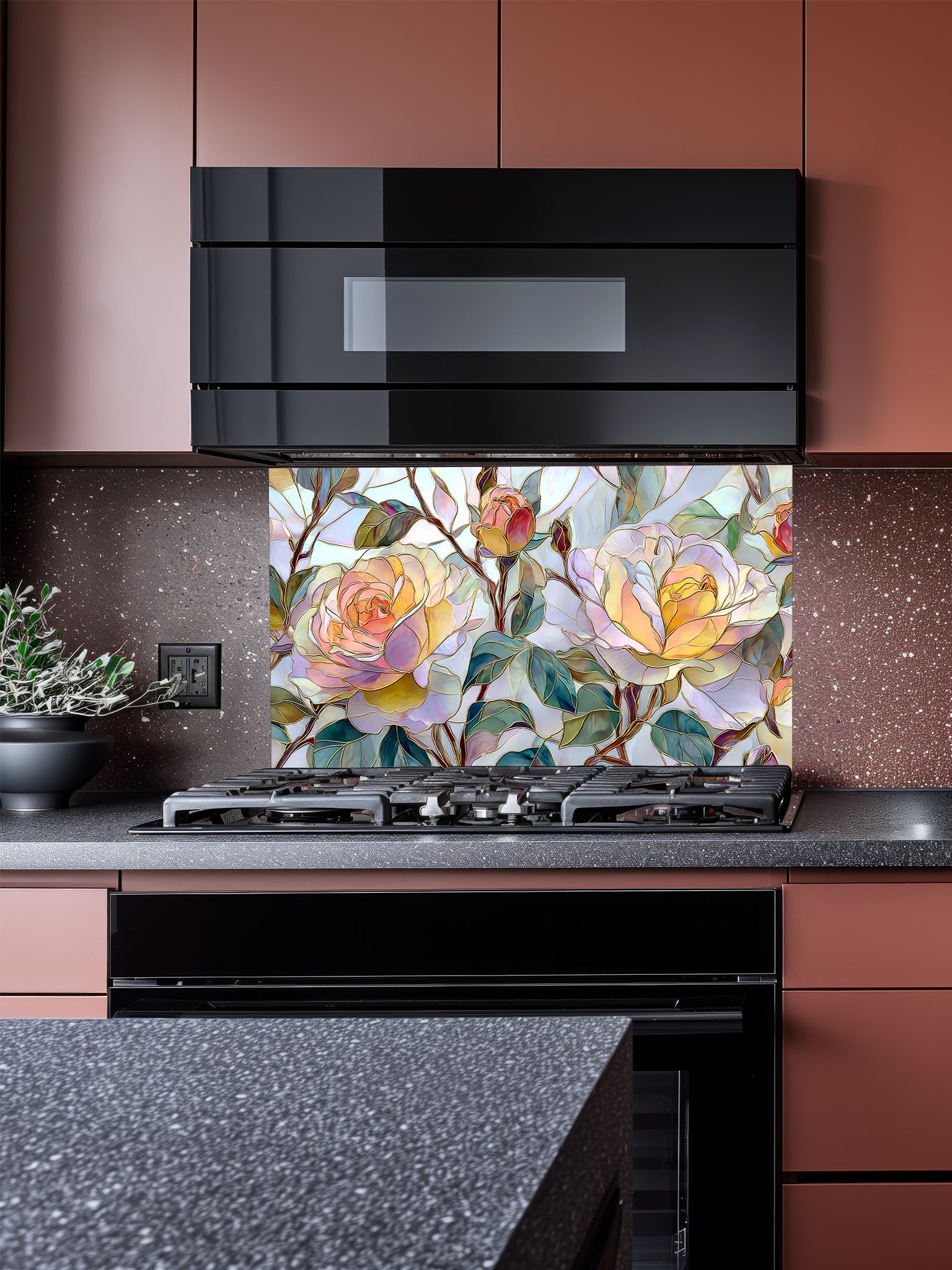 Tempered glass kitchen backsplash featuring a highly realistic 3D illusion of stained glass and watercolor art showing large, delicate blooming roses in pastel yellow, peach, and blush pink with teal green leaves, installed behind a modern black stove.