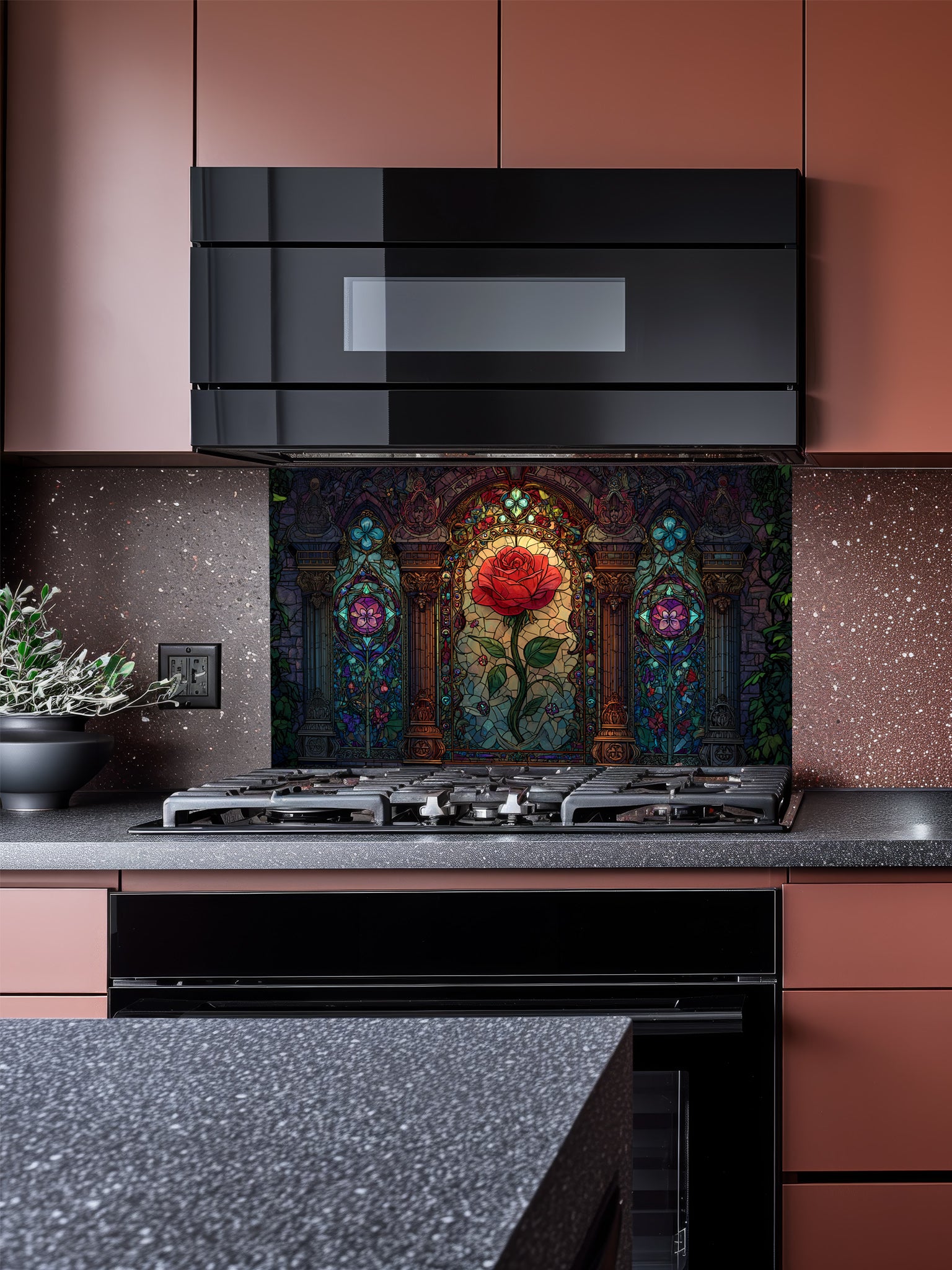 Stained glass style vibrant red rose framed by Gothic architectural arches in rich jewel tones, UV printed on a smooth tempered glass kitchen backsplash, installed behind a modern stove.