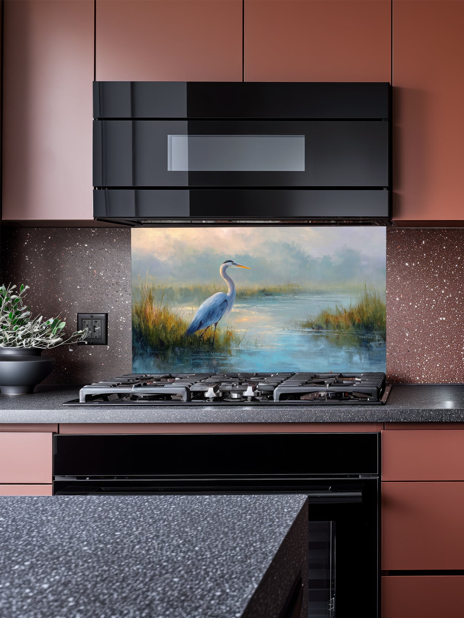Fine art style oil painting of a blue heron standing in a misty wetland marsh, UV printed on a smooth tempered glass kitchen backsplash.
