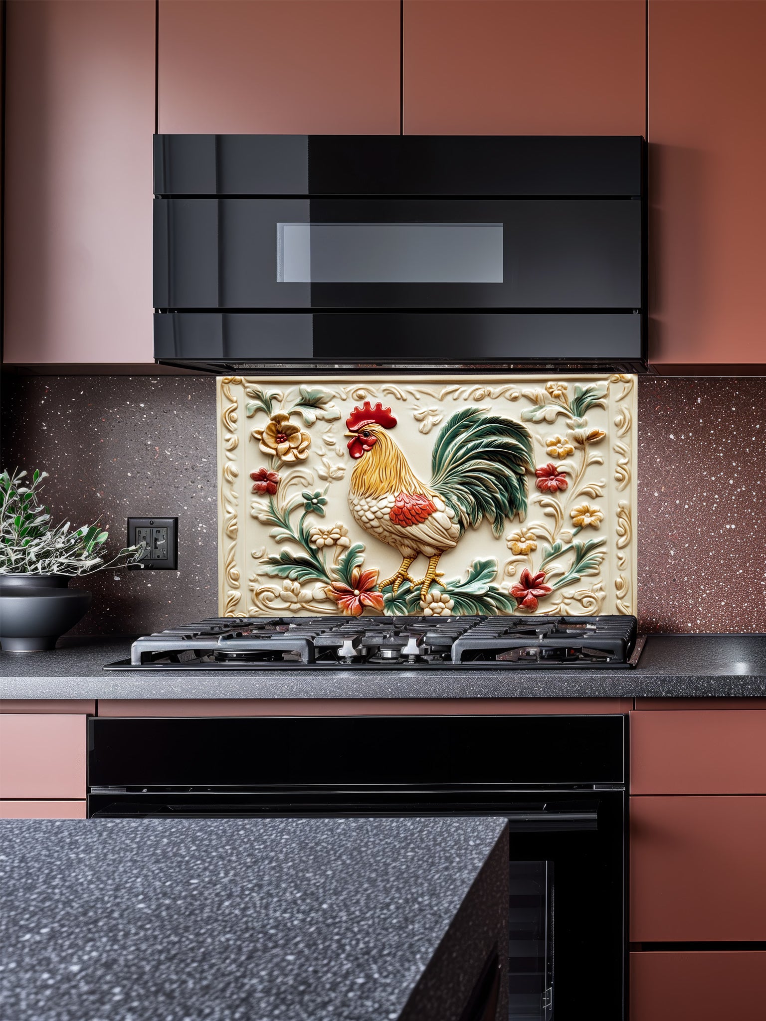 Tempered glass kitchen backsplash featuring a highly realistic 3D illusion of a vintage embossed ceramic tile showing a proud rooster and rustic floral vines in red, green, and gold against a cream background, installed behind a modern stainless steel stove.
