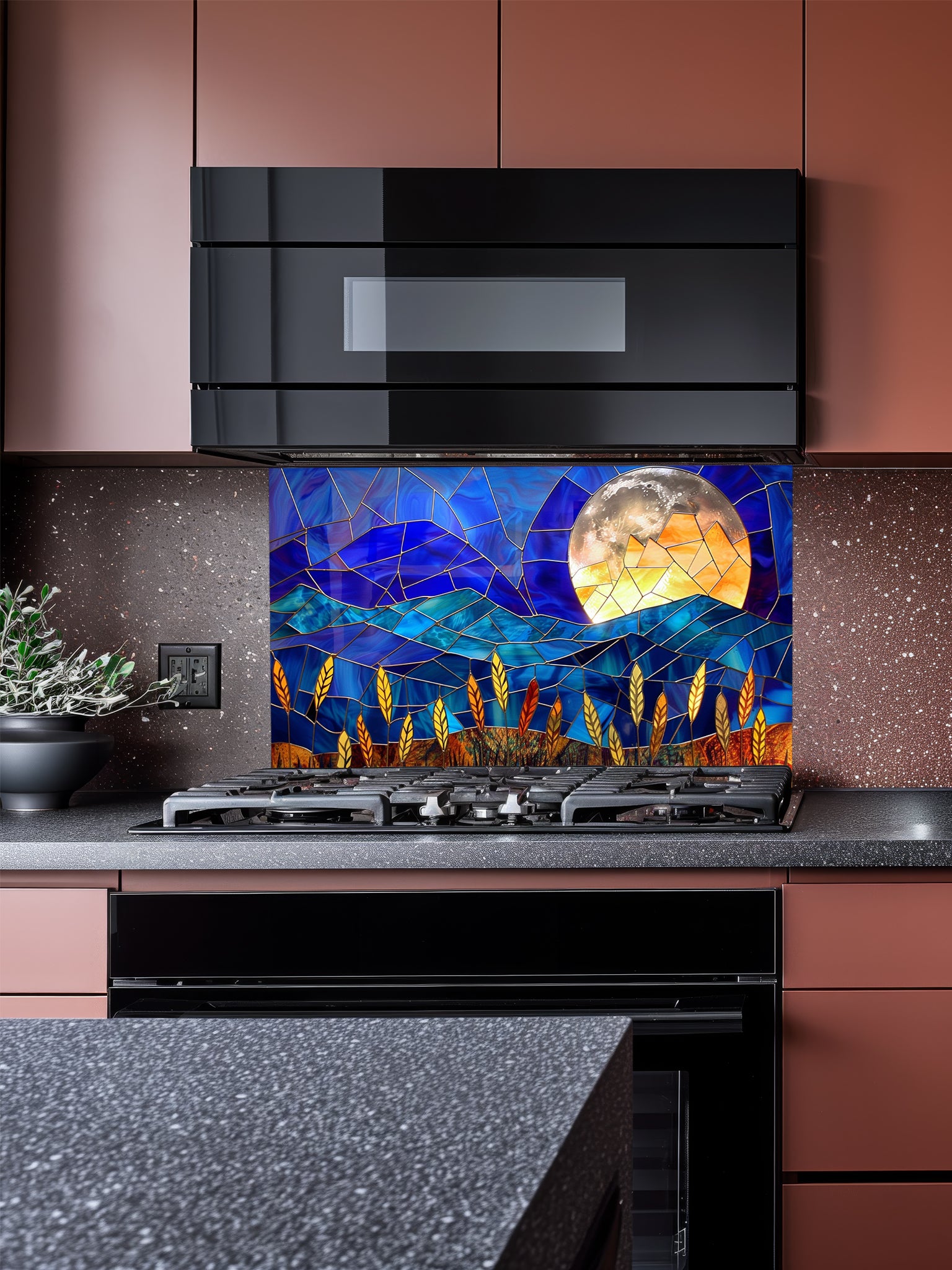 Stained glass style landscape featuring deep blue mountains, a glowing full moon, and golden wheat, UV printed on a smooth tempered glass kitchen backsplash.