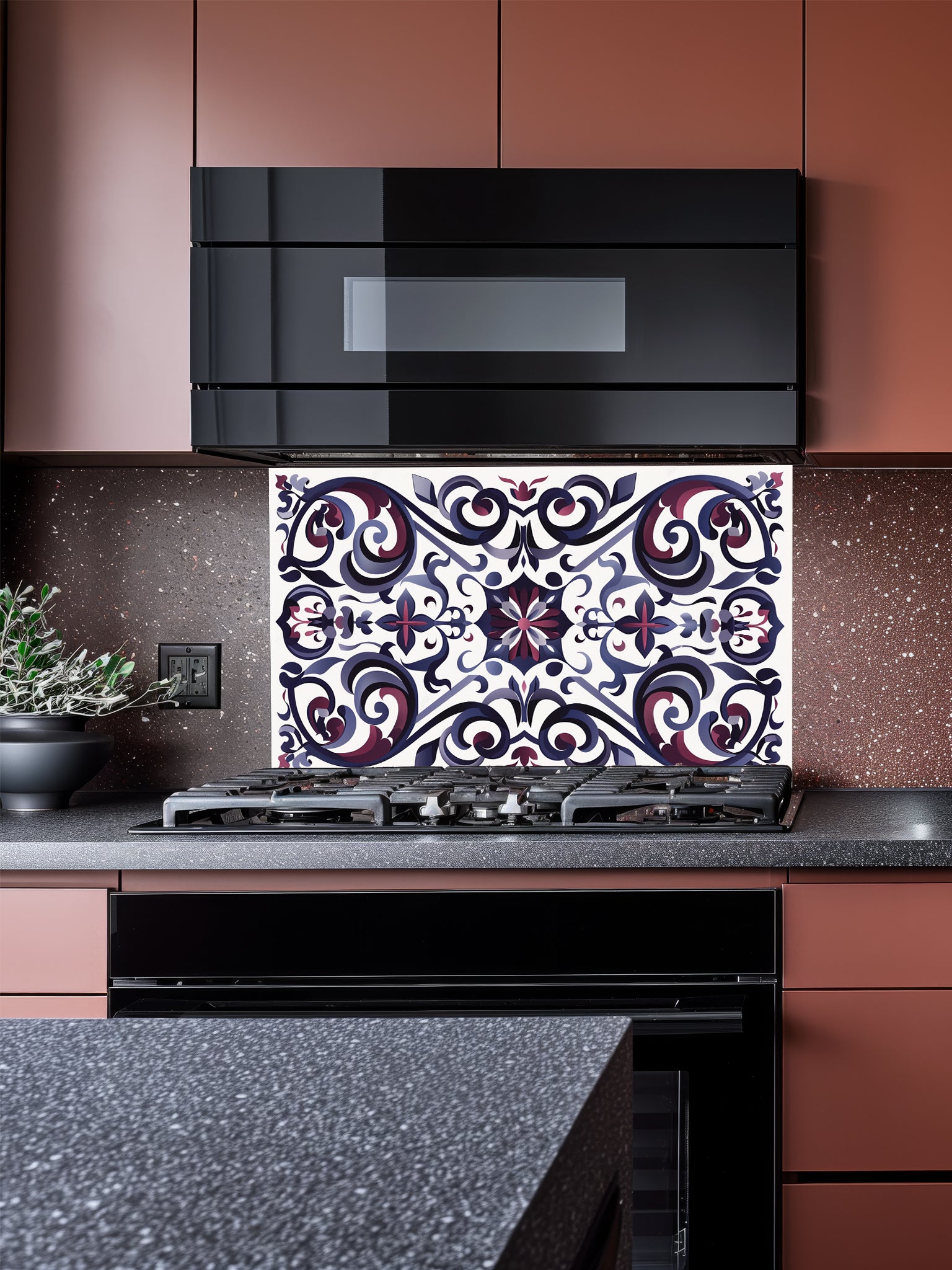 Tempered glass kitchen backsplash featuring a highly realistic illusion of classic Mediterranean or Moroccan tiles, showcasing an elegant, symmetrical Damask pattern in deep navy blue, plum, and grey on a white background, installed behind a modern black stove.