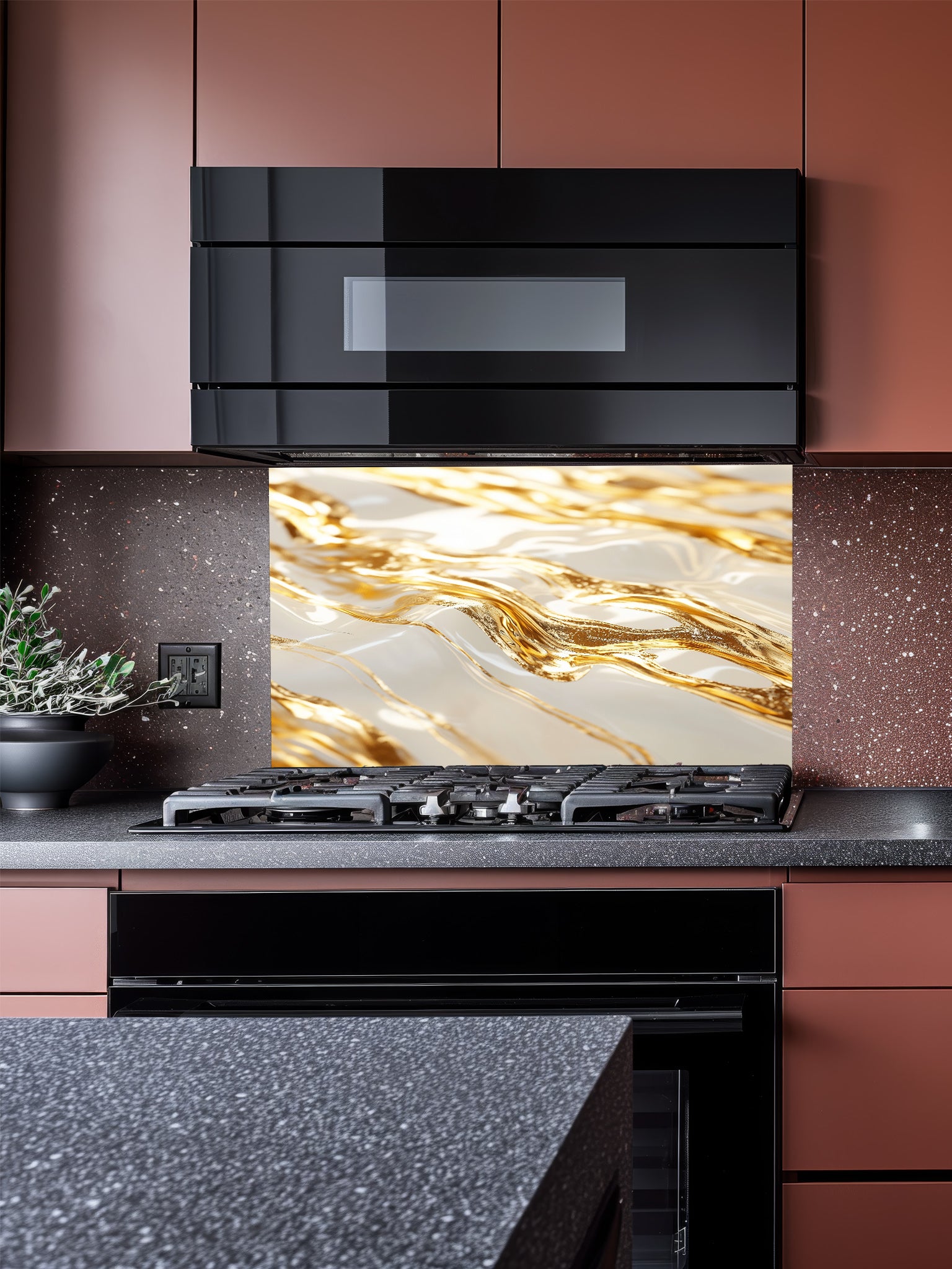 Modern kitchen with a decorative backsplash featuring gold and beige abstract design.