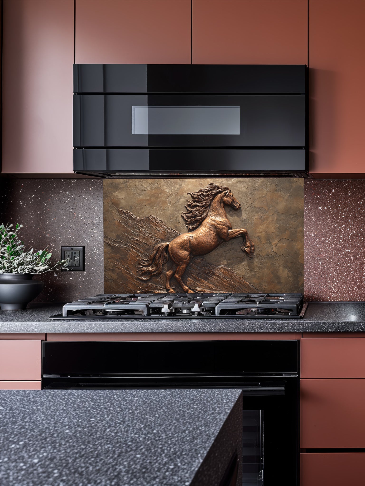 Faux 3D effect bronze carving of a majestic rearing horse, UV printed on a smooth tempered glass kitchen backsplash, installed behind a modern stove.
