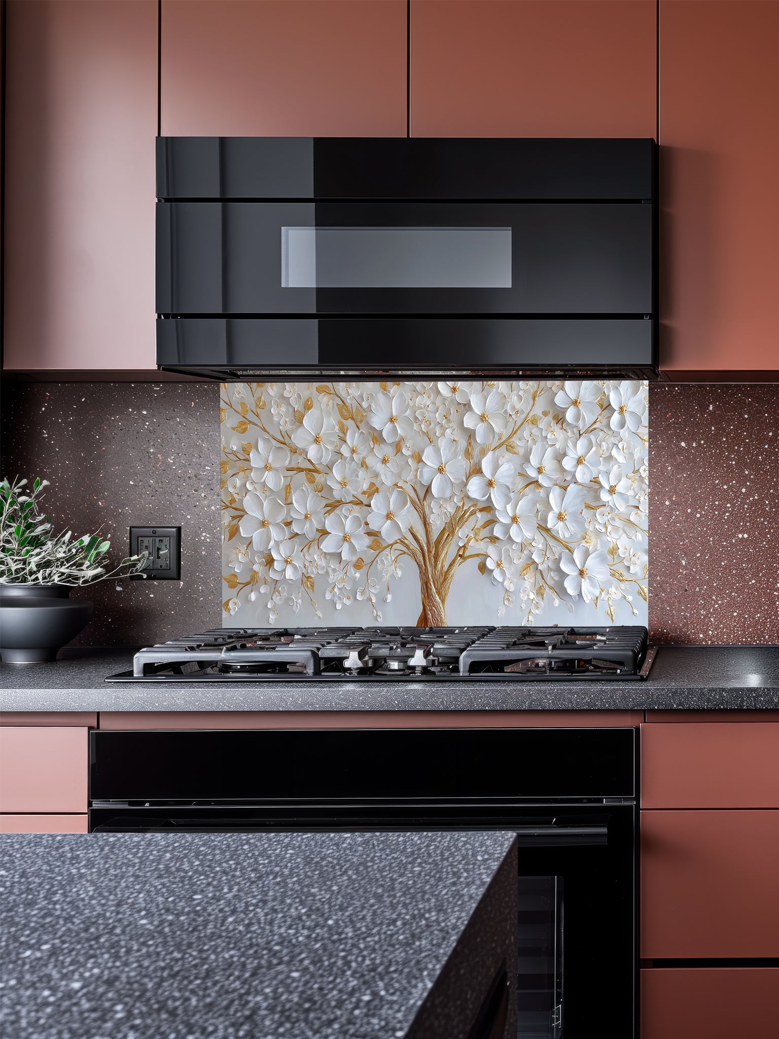 Faux 3D impasto style painting of a white floral tree with heavy gold accents on a crisp white background, UV printed on a smooth tempered glass kitchen backsplash.