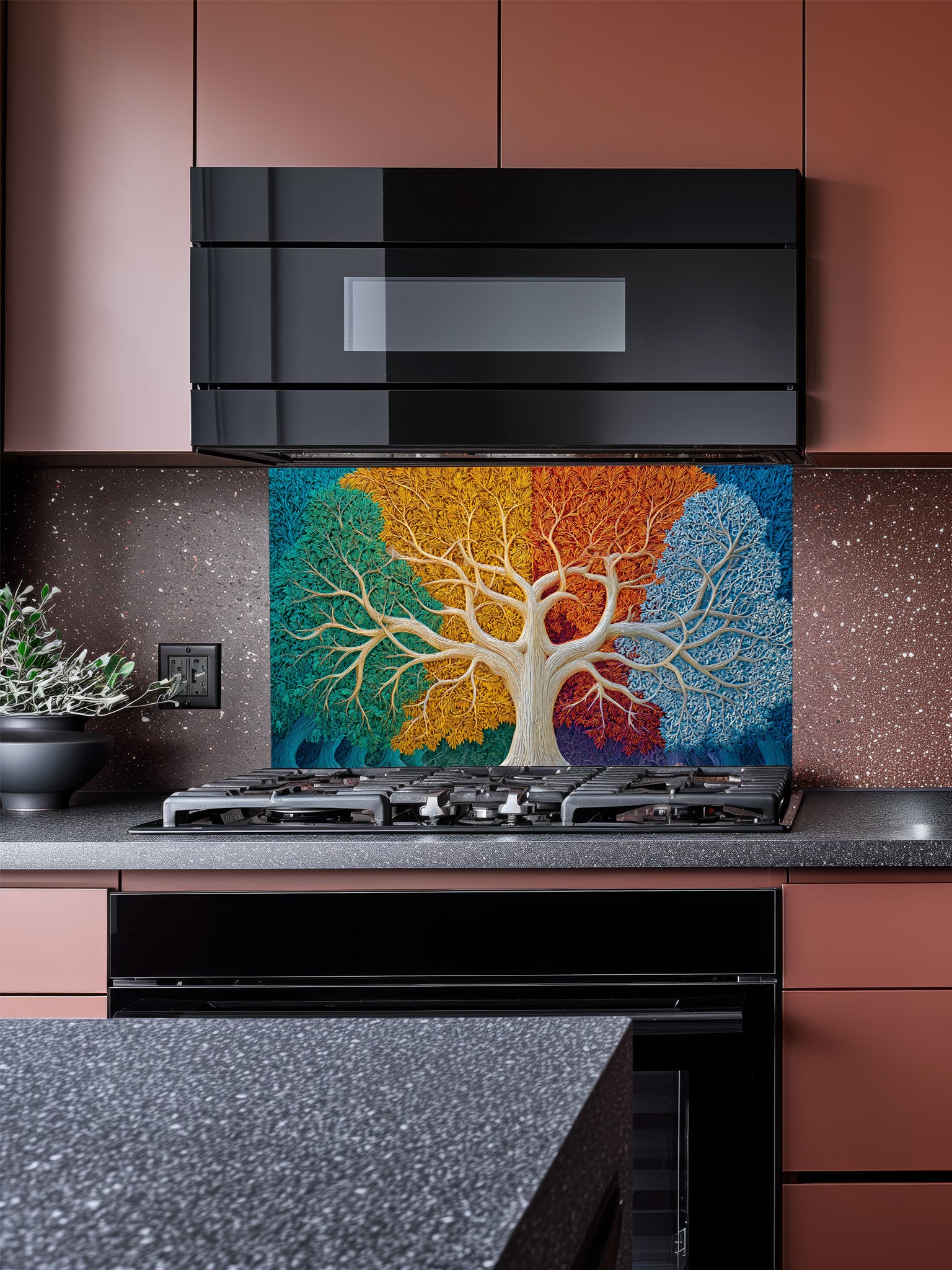 Faux 3D relief art of a Tree of Life with intricately textured leaves divided into four vibrant colors representing the four seasons, UV printed on a smooth tempered glass kitchen backsplash.