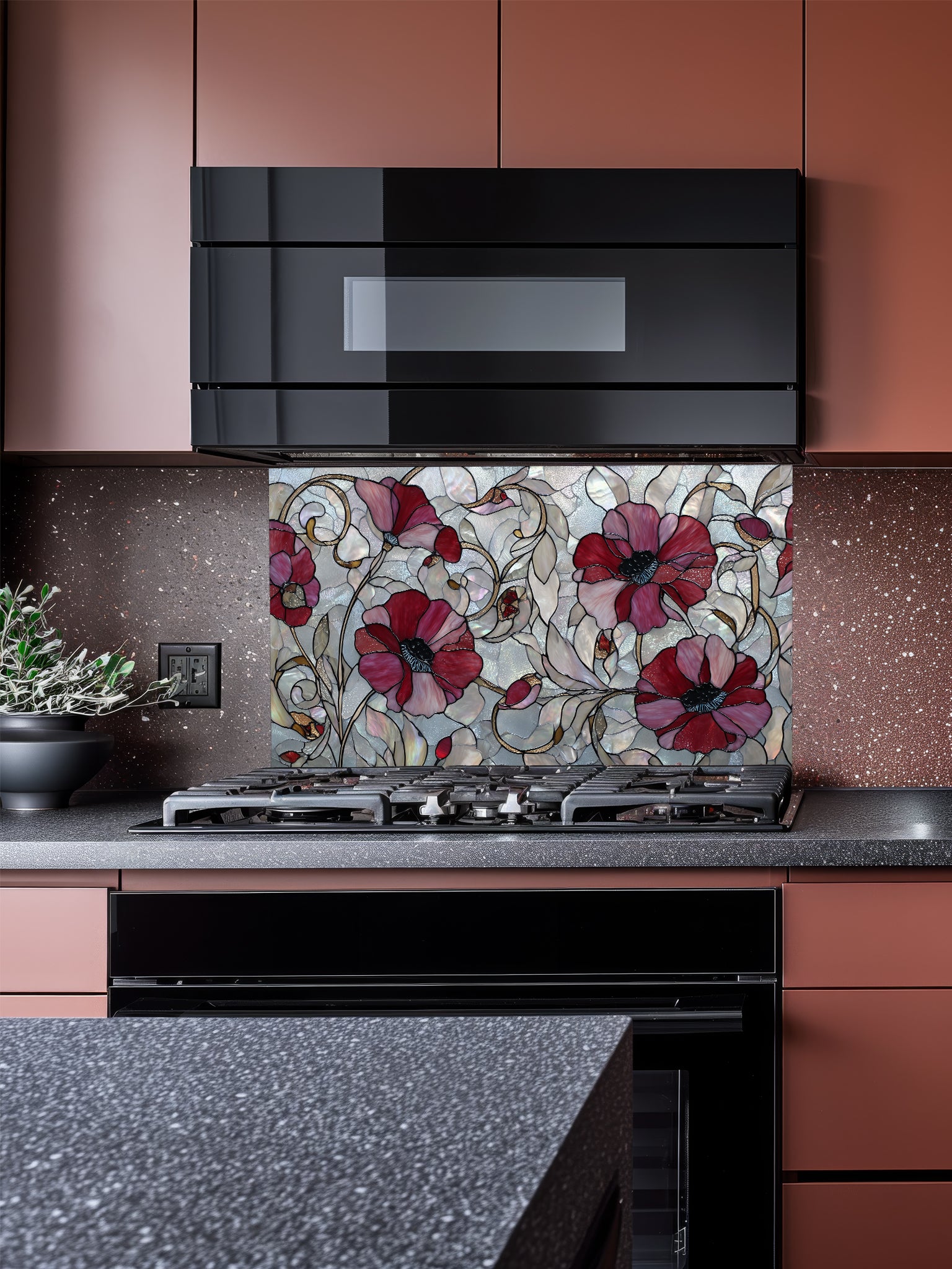 Faux stained glass pattern featuring deep crimson red poppy flowers and swirling vines against an iridescent mother-of-pearl mosaic background, UV printed on a smooth tempered glass kitchen backsplash.
