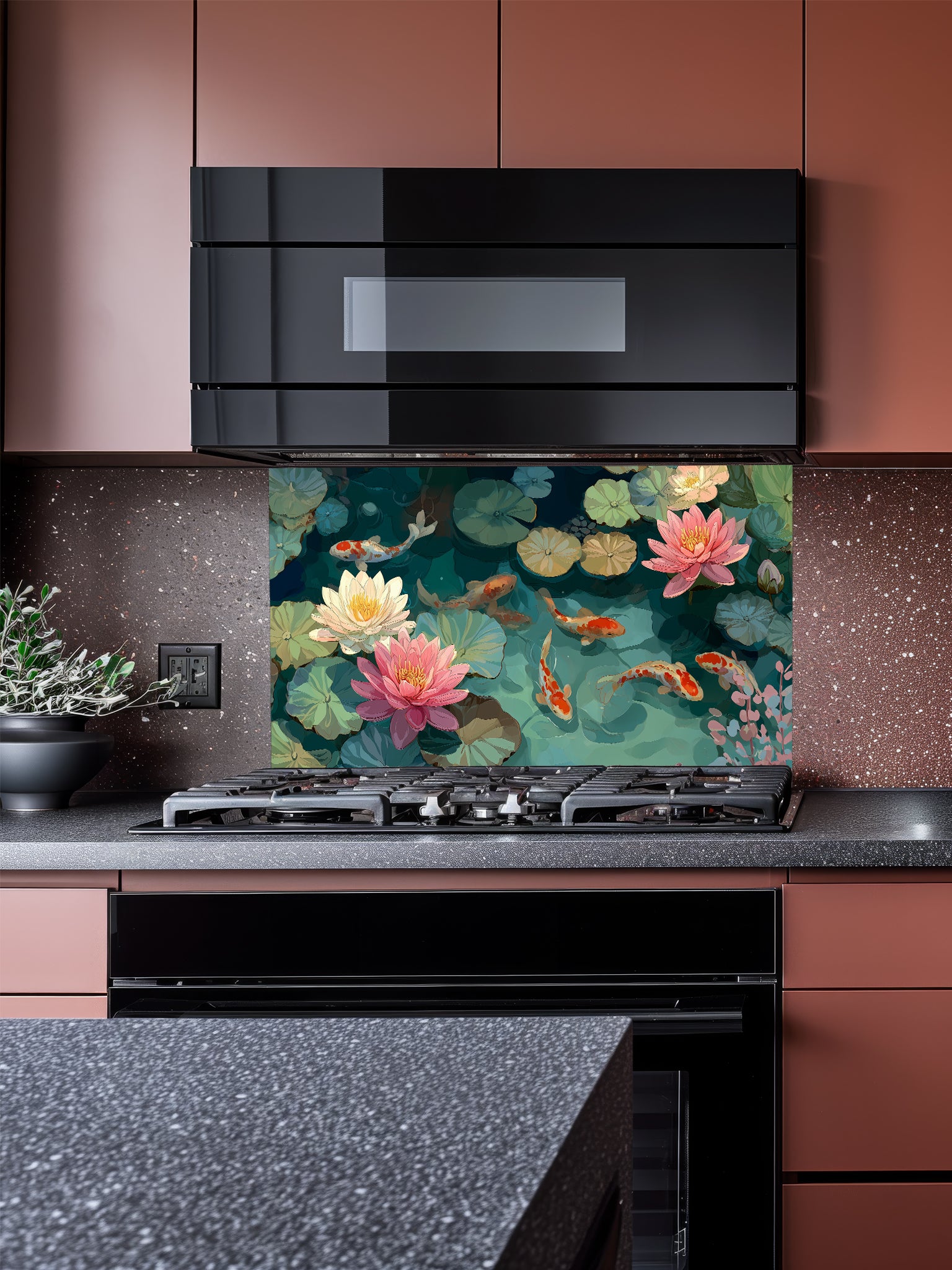 Serene illustration of orange koi fish swimming among pink lotus flowers and green lily pads, UV printed on a smooth tempered glass kitchen backsplash, installed behind a modern stove.