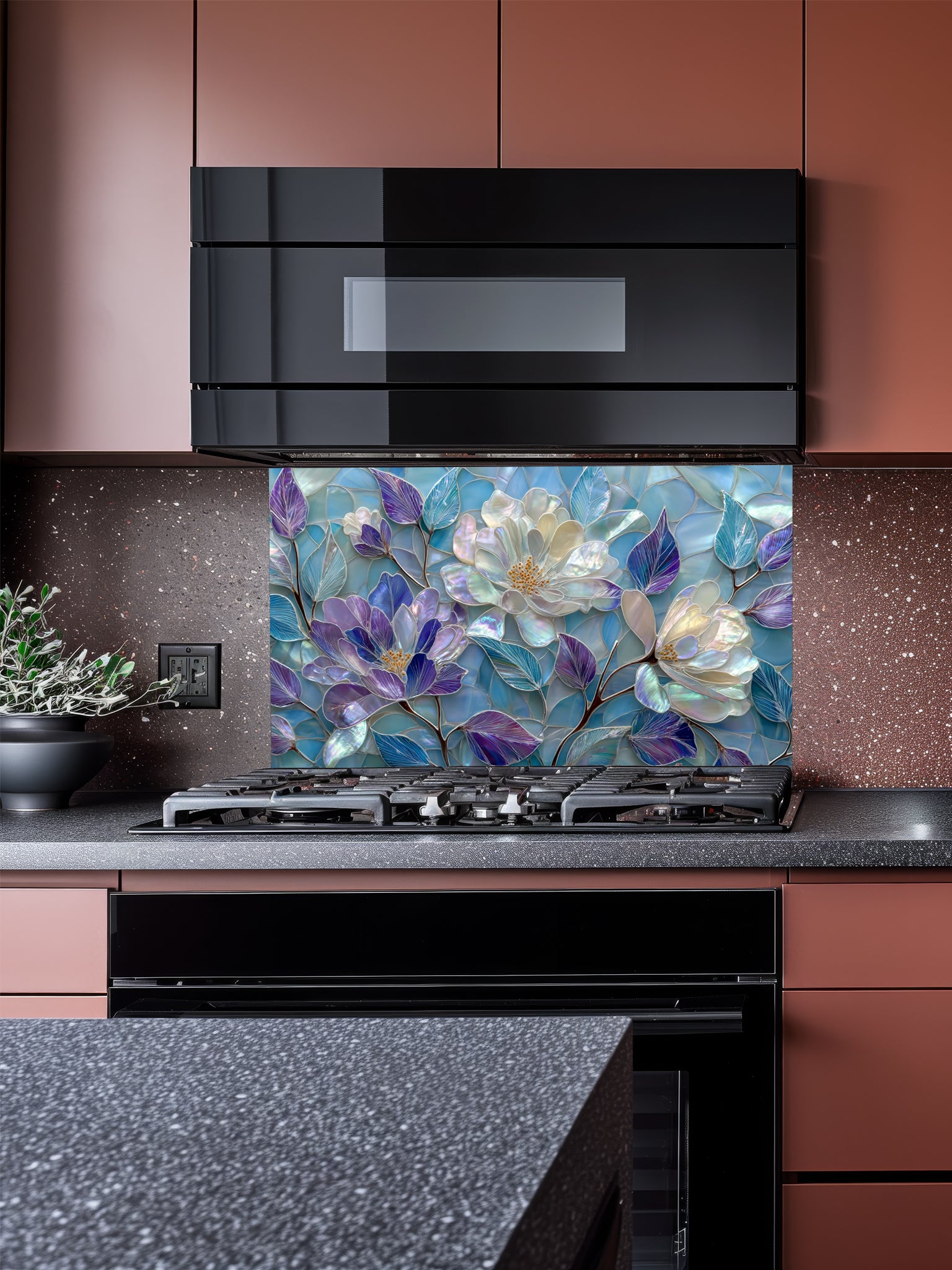 Tempered glass kitchen backsplash featuring a highly realistic 3D illusion of stained glass and mother-of-pearl mosaic art, showing large, elegant blooming flowers in iridescent shades of pearlescent white, lavender, and purple with flowing aqua blue leaves, installed behind a modern black stove.