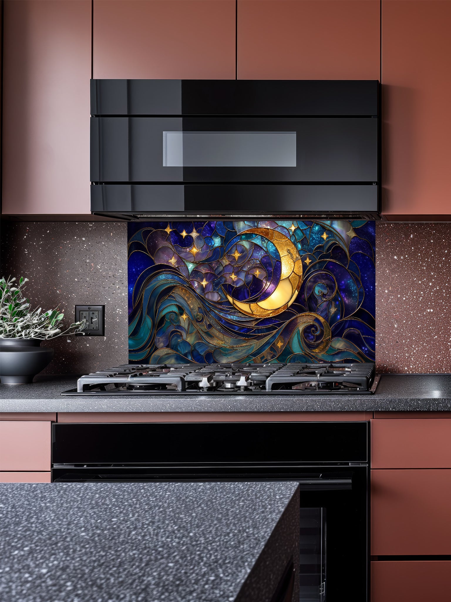 Tempered glass kitchen backsplash featuring a highly realistic 3D illusion of stained glass art showing a glowing golden crescent moon and stars swirling in a deep blue night sky, installed behind a modern stainless steel stove.