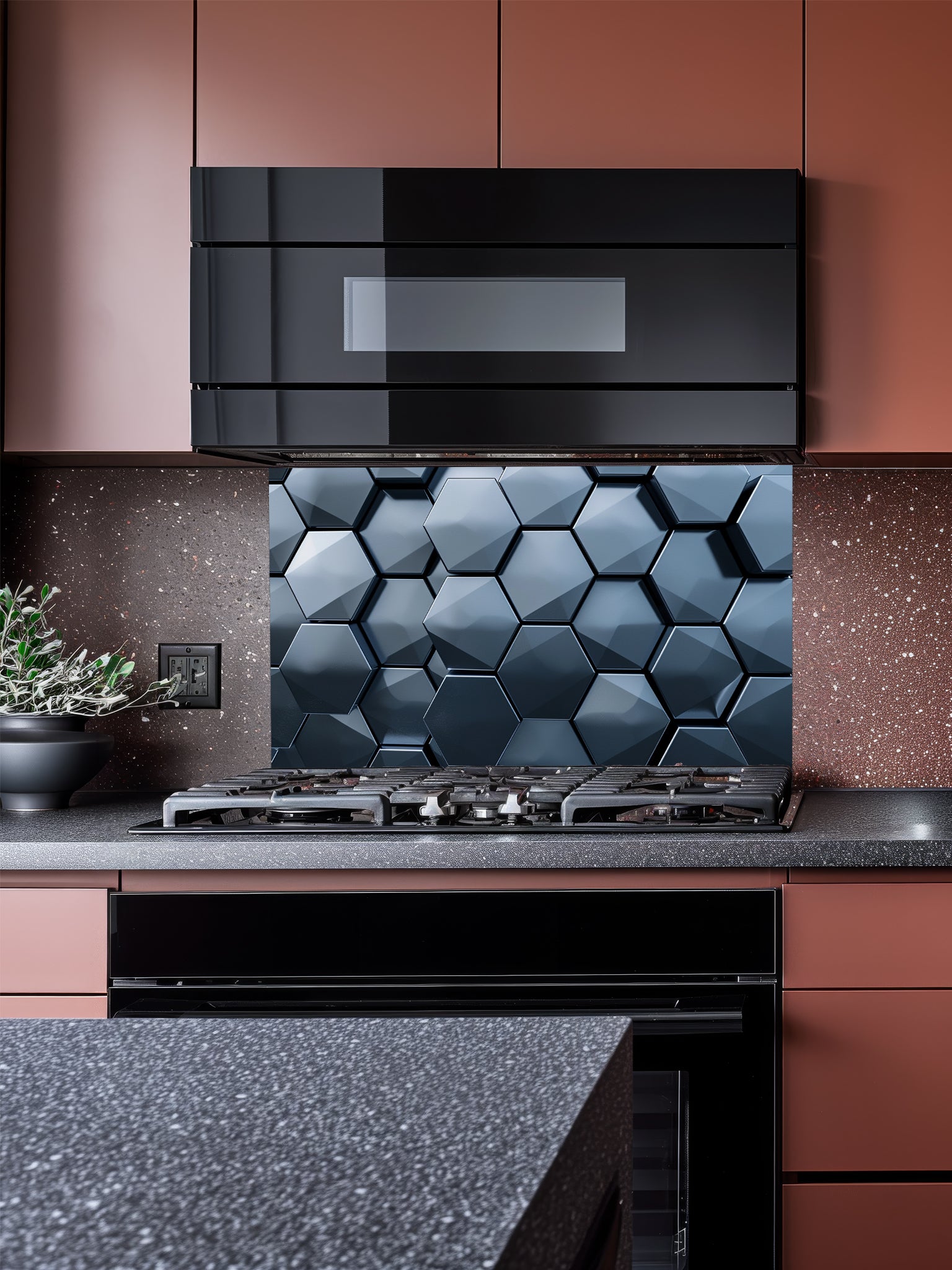 Tempered glass kitchen backsplash featuring a highly realistic 3D illusion of dark slate blue and charcoal metallic hexagon tiles in a sleek honeycomb pattern with dramatic shadow effects, installed behind a modern stainless steel stove.