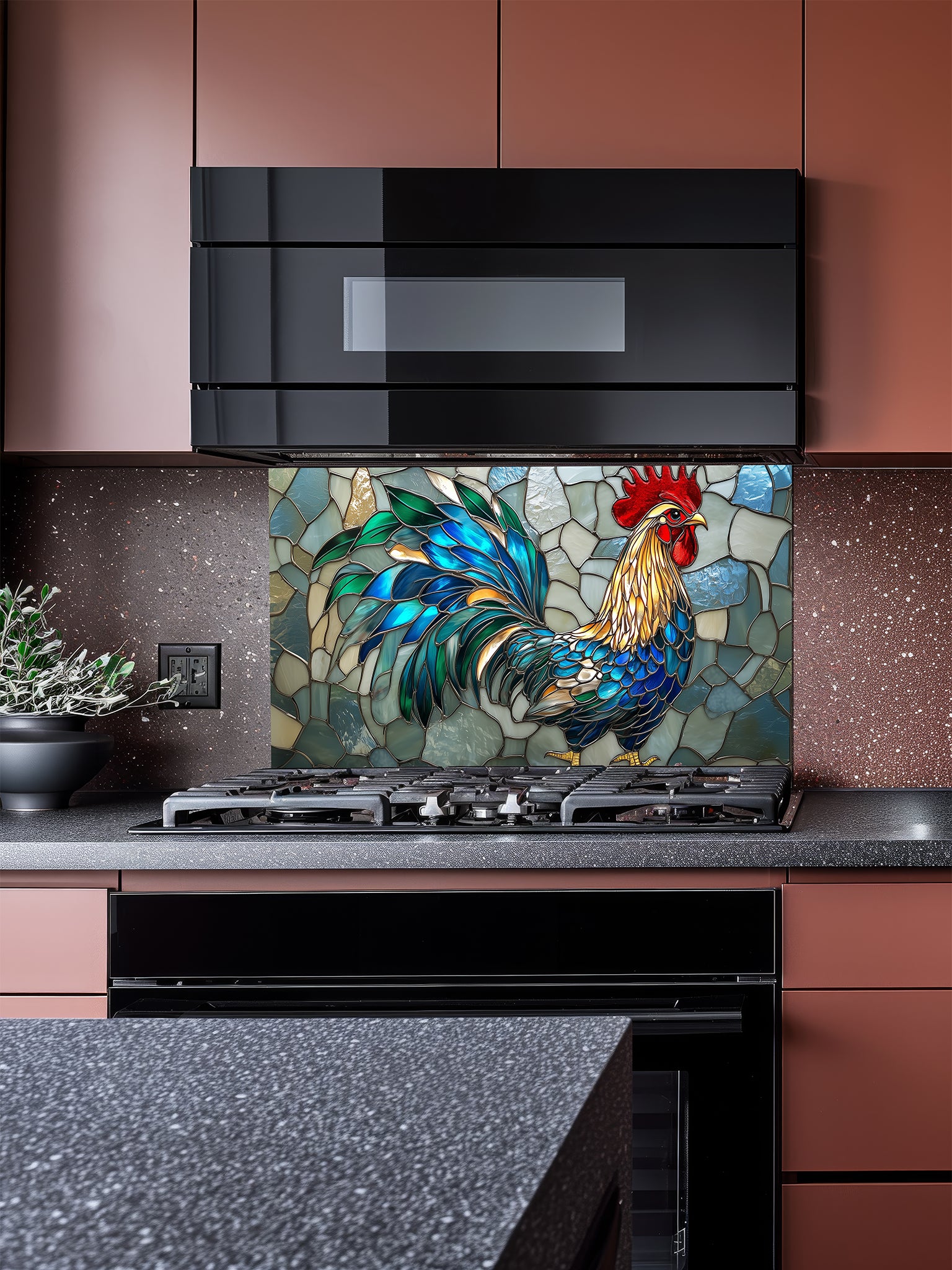 Tempered glass kitchen backsplash featuring a vibrant faux stained glass design of a rooster with striking teal and blue tail feathers against a light icy blue mosaic background, installed behind a modern stainless steel stove.
