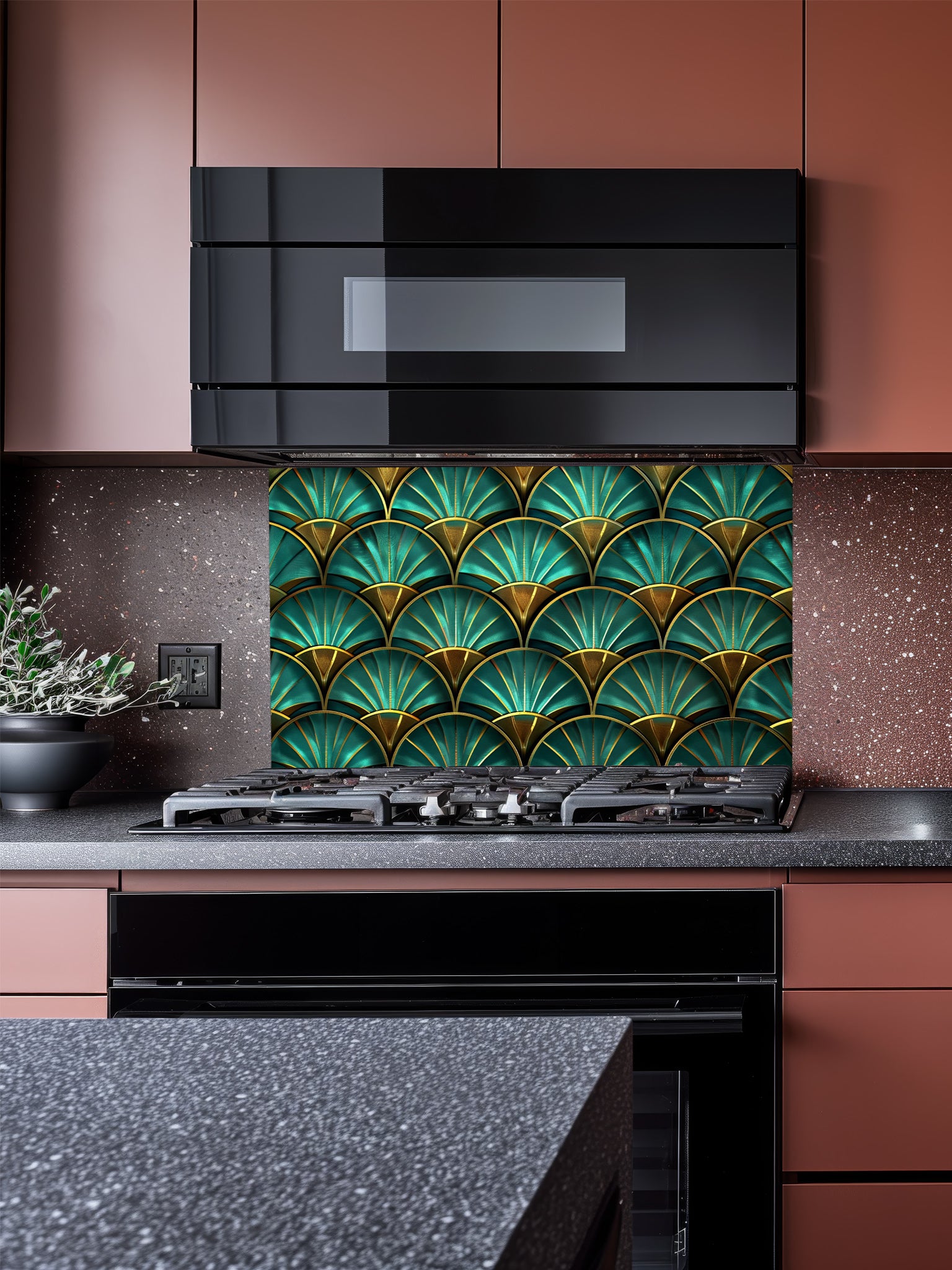 Tempered glass kitchen backsplash featuring a highly realistic 3D illusion of an Art Deco geometric scalloped fan pattern in luxurious teal and faux gold, installed behind a modern stainless steel stove.