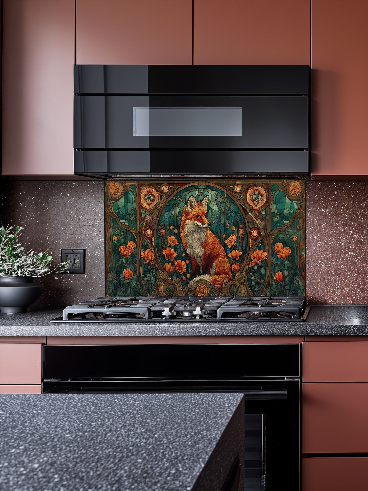 Tempered glass kitchen backsplash featuring a highly realistic 3D illusion of Art Nouveau stained glass showing a red fox surrounded by orange flowers and ornate borders against a teal background, installed behind a modern stainless steel stove.