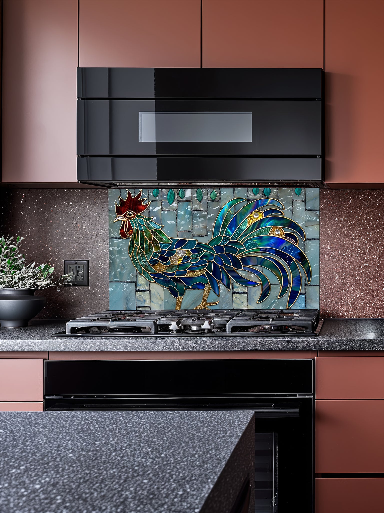 Tempered glass kitchen backsplash featuring a vibrant faux stained glass rooster with jewel-toned sapphire and emerald feathers and gold outlines, set against a light blue vertical mosaic tile background.