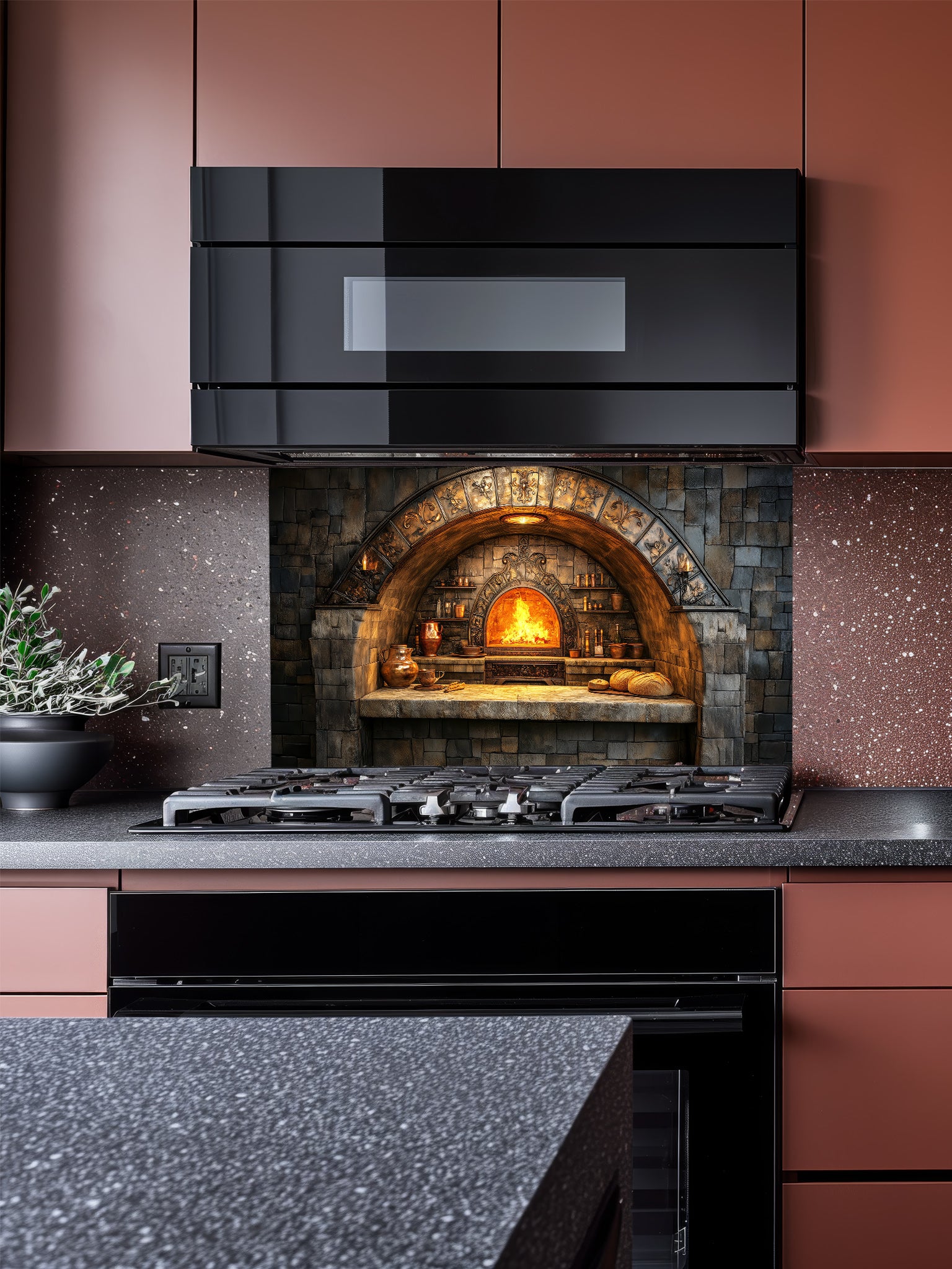 A cozy kitchen featuring a tempered glass backsplash with a highly realistic 3D illusion of a rustic stone oven, glowing fire, and vintage copper cookware, installed behind a modern black stove.