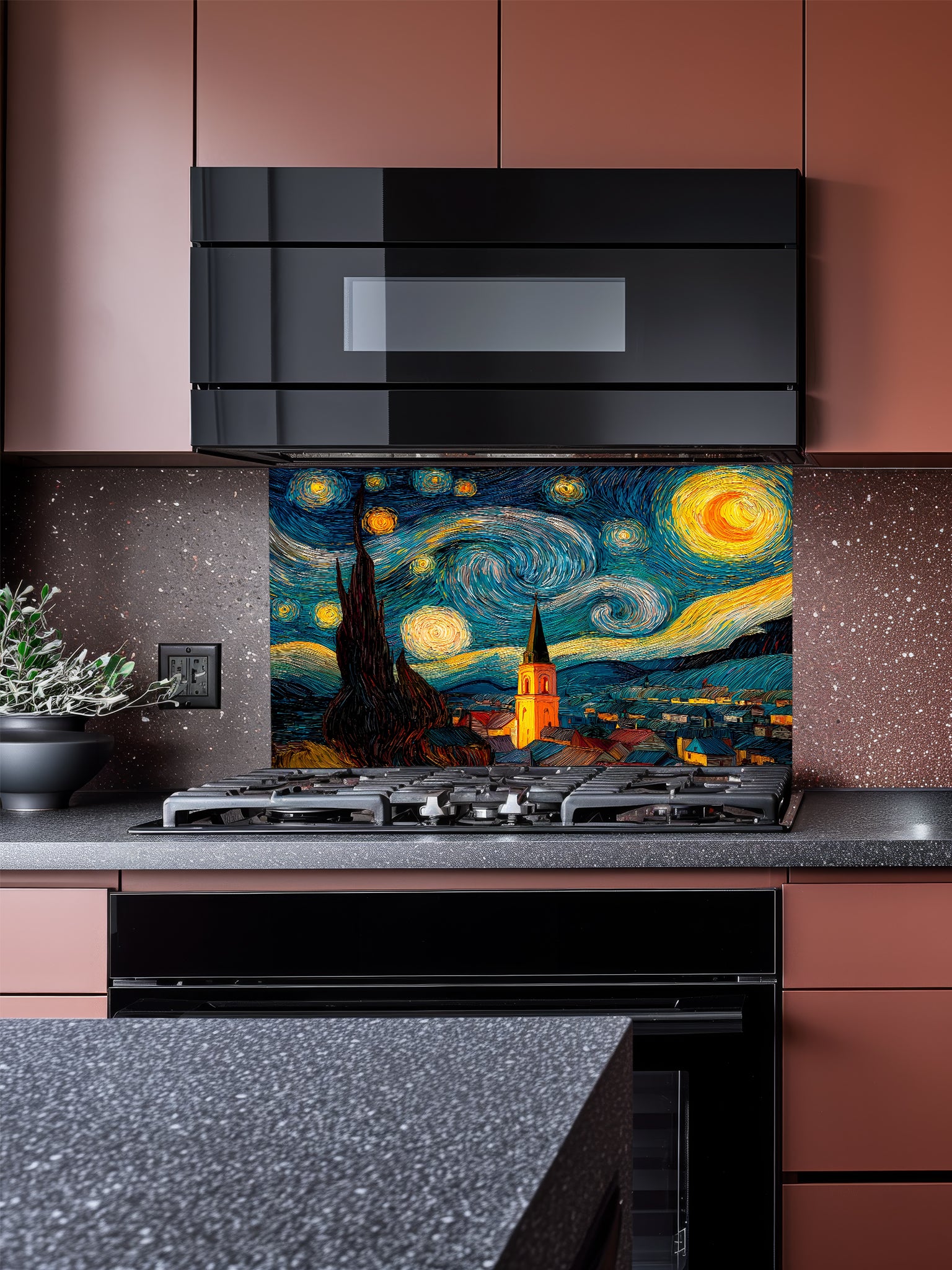 Tempered glass kitchen backsplash featuring a highly realistic 3D illusion of a thick impasto oil painting inspired by The Starry Night, showing a swirling blue night sky, glowing yellow stars, and a dark silhouette of a cypress tree over a village, installed behind a modern black stove.