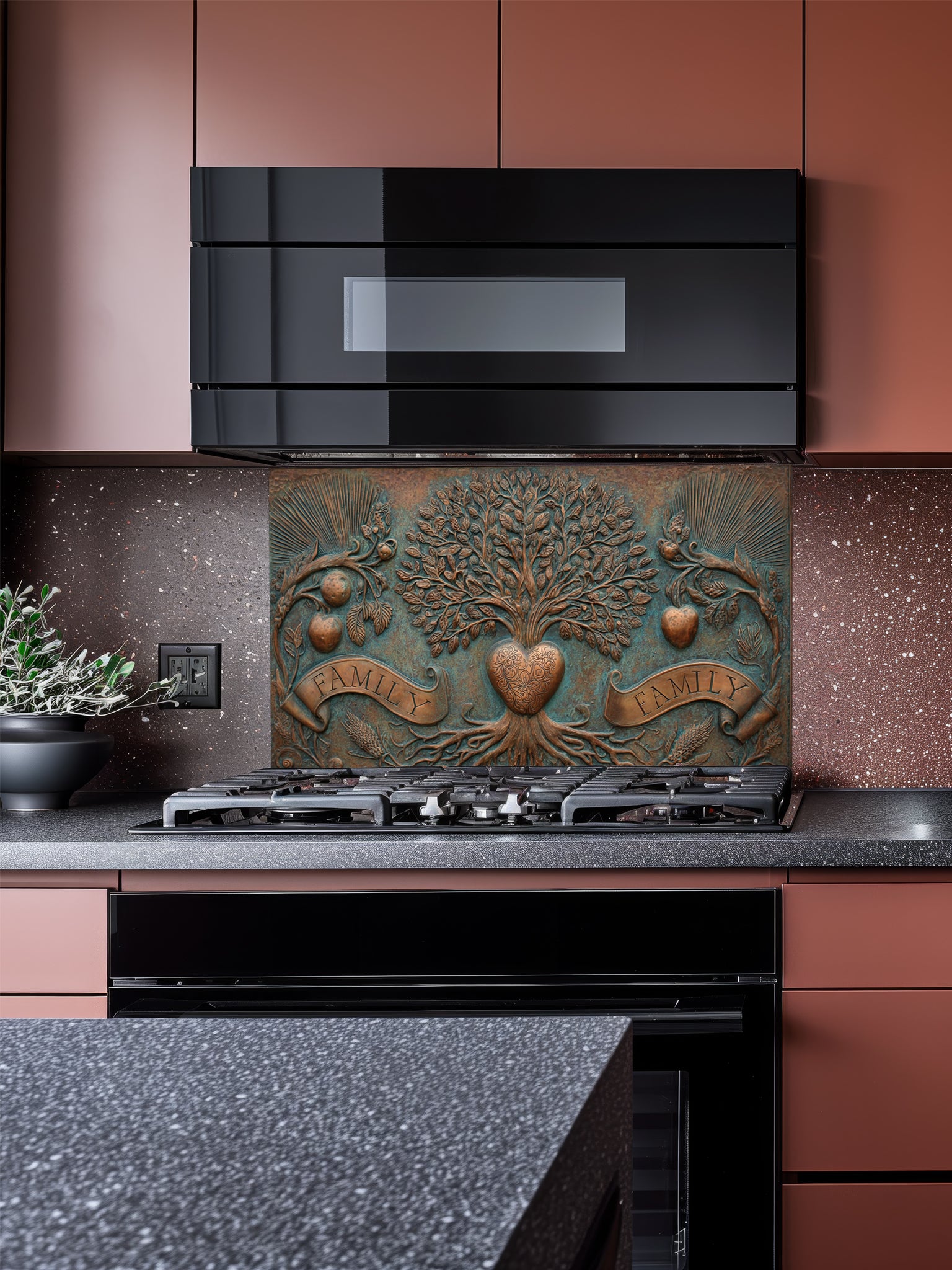 Faux 3D sculpted bronze and copper relief of a family tree of life with a heart and banners reading 'FAMILY' against an oxidized patina background, UV printed on a smooth tempered glass kitchen backsplash.