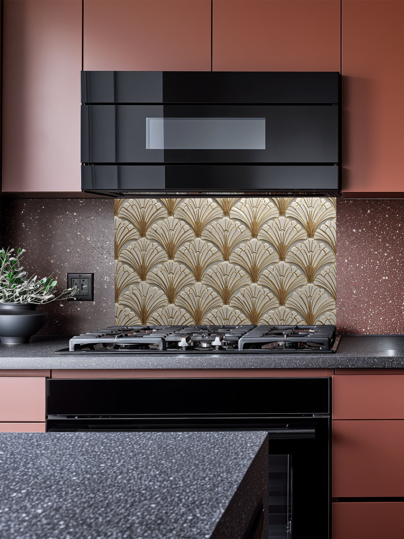Tempered glass kitchen backsplash featuring a highly realistic 3D illusion of an Art Deco scalloped fan pattern in creamy ivory with elegant faux gold metallic outlines, installed behind a modern black stove.