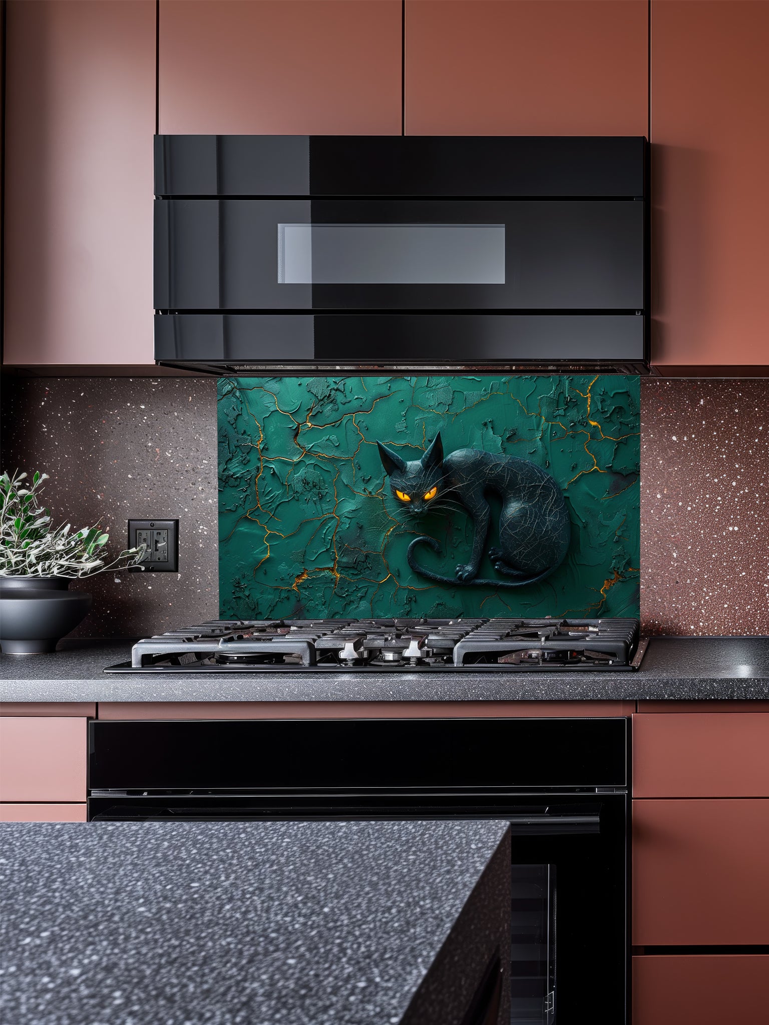 Tempered glass kitchen backsplash featuring a highly realistic 3D illusion of a sleek sculpted black cat with glowing orange eyes resting against a heavily textured emerald green plaster wall with golden kintsugi cracks, installed behind a modern black stove.