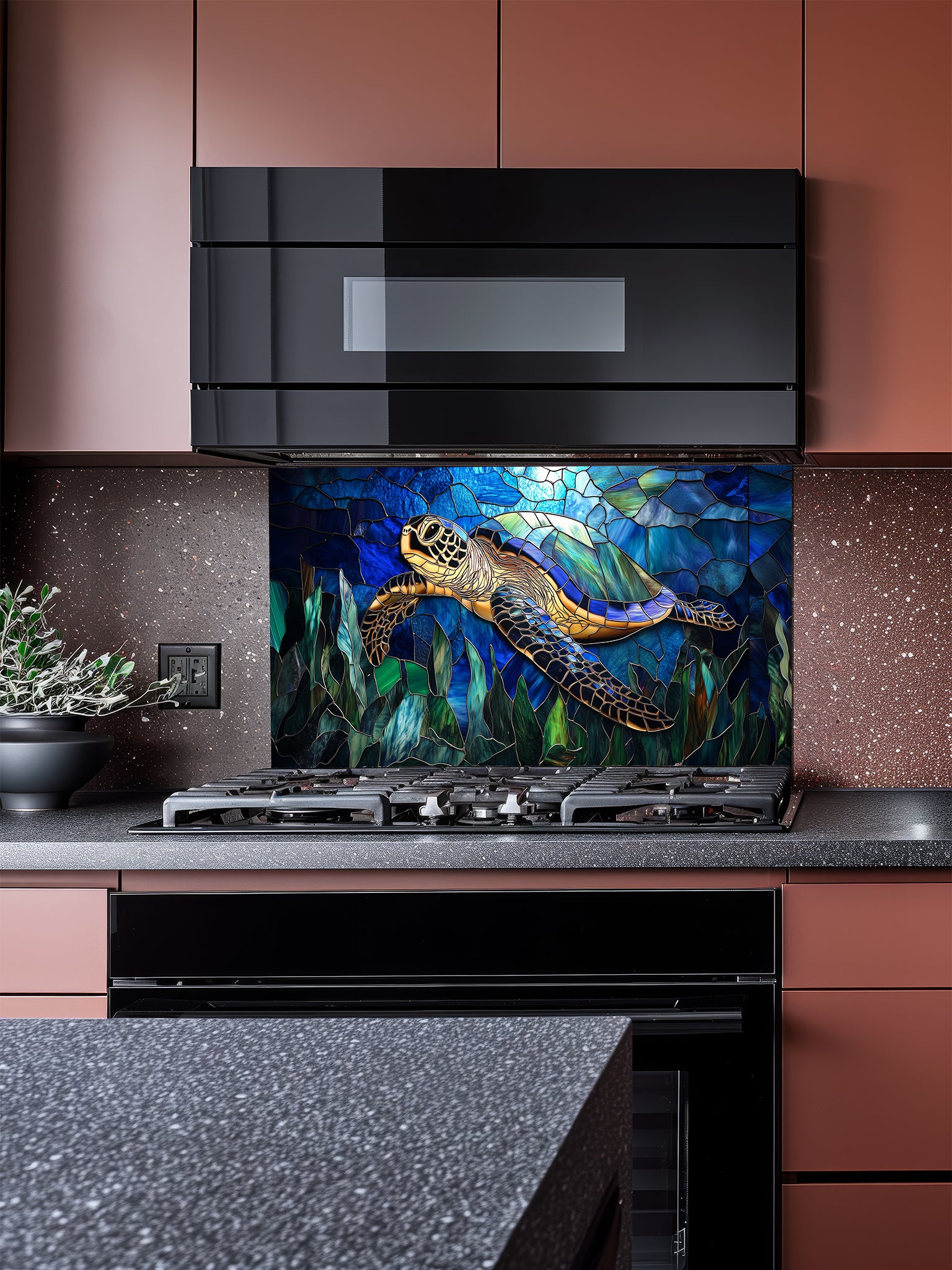 Tempered glass kitchen backsplash featuring a vibrant faux stained glass design of a graceful sea turtle swimming against a luminous blue sunlit ocean and cracked mosaic background, installed behind a modern stainless steel stove.