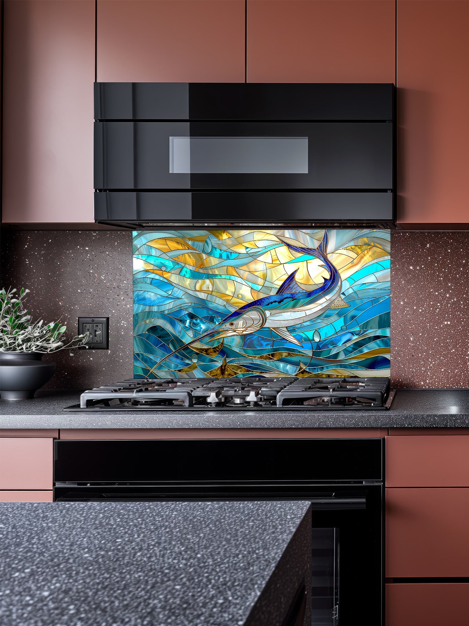 Tempered glass kitchen backsplash featuring a highly realistic 3D illusion of stained glass art showing a majestic blue marlin leaping through swirling ocean waves in vibrant blues and glowing amber tones, installed behind a modern stainless steel stove.
