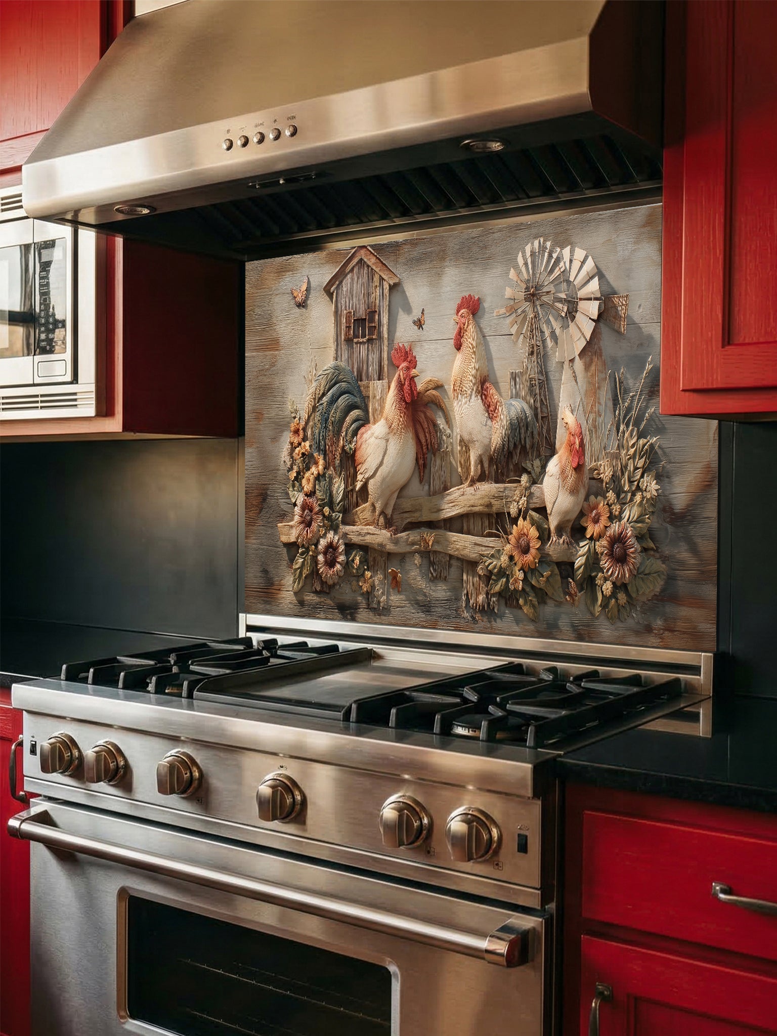 Tempered glass kitchen backsplash featuring a realistic 3D carved wood effect design with roosters, sunflowers, and a windmill, installed behind a modern stainless steel stove.