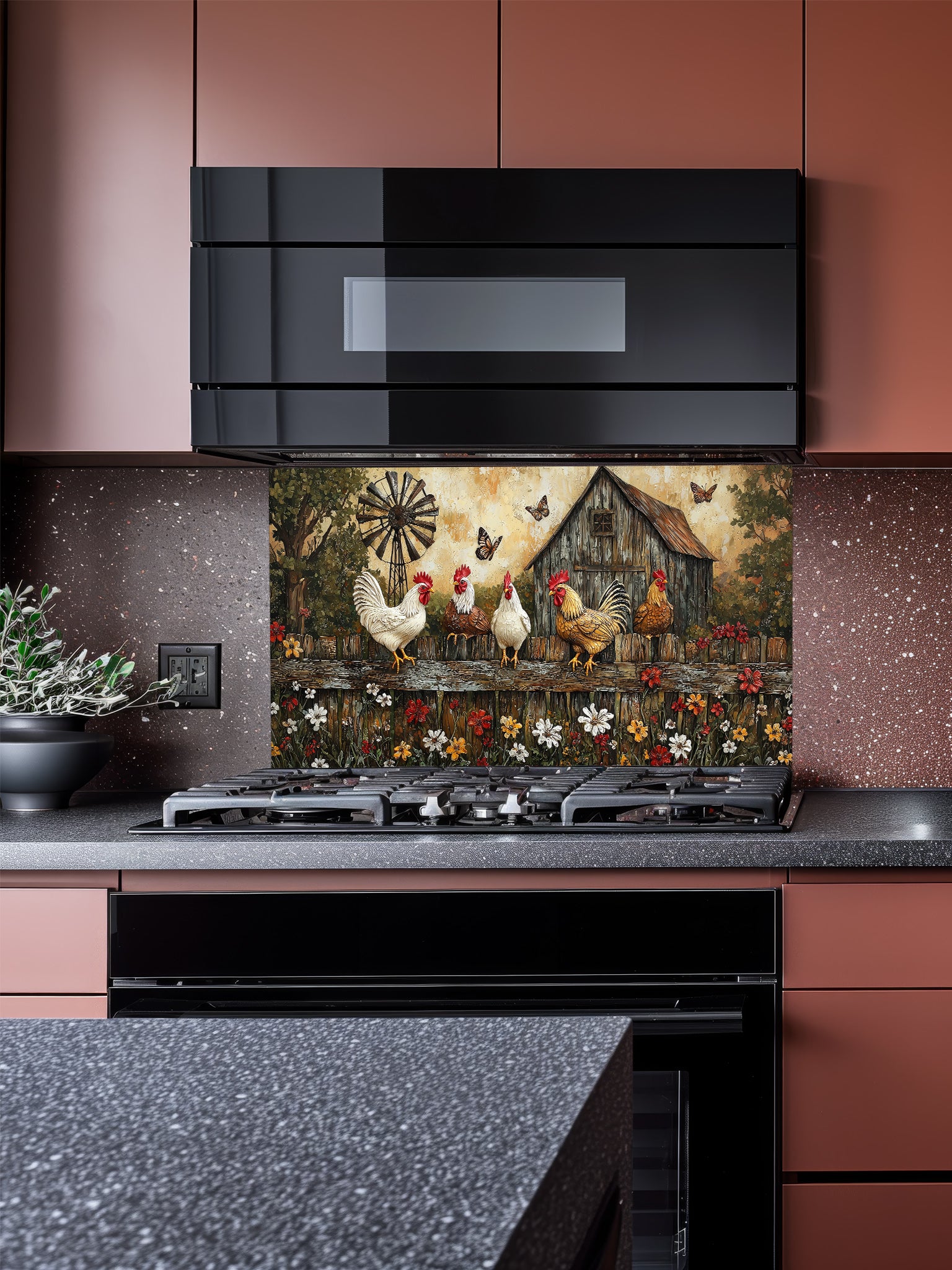 Tempered glass kitchen backsplash featuring a rustic painting of roosters and chickens perched on a wooden fence above colorful wildflowers, with a vintage barn and windmill in the background, installed behind a modern stainless steel stove.