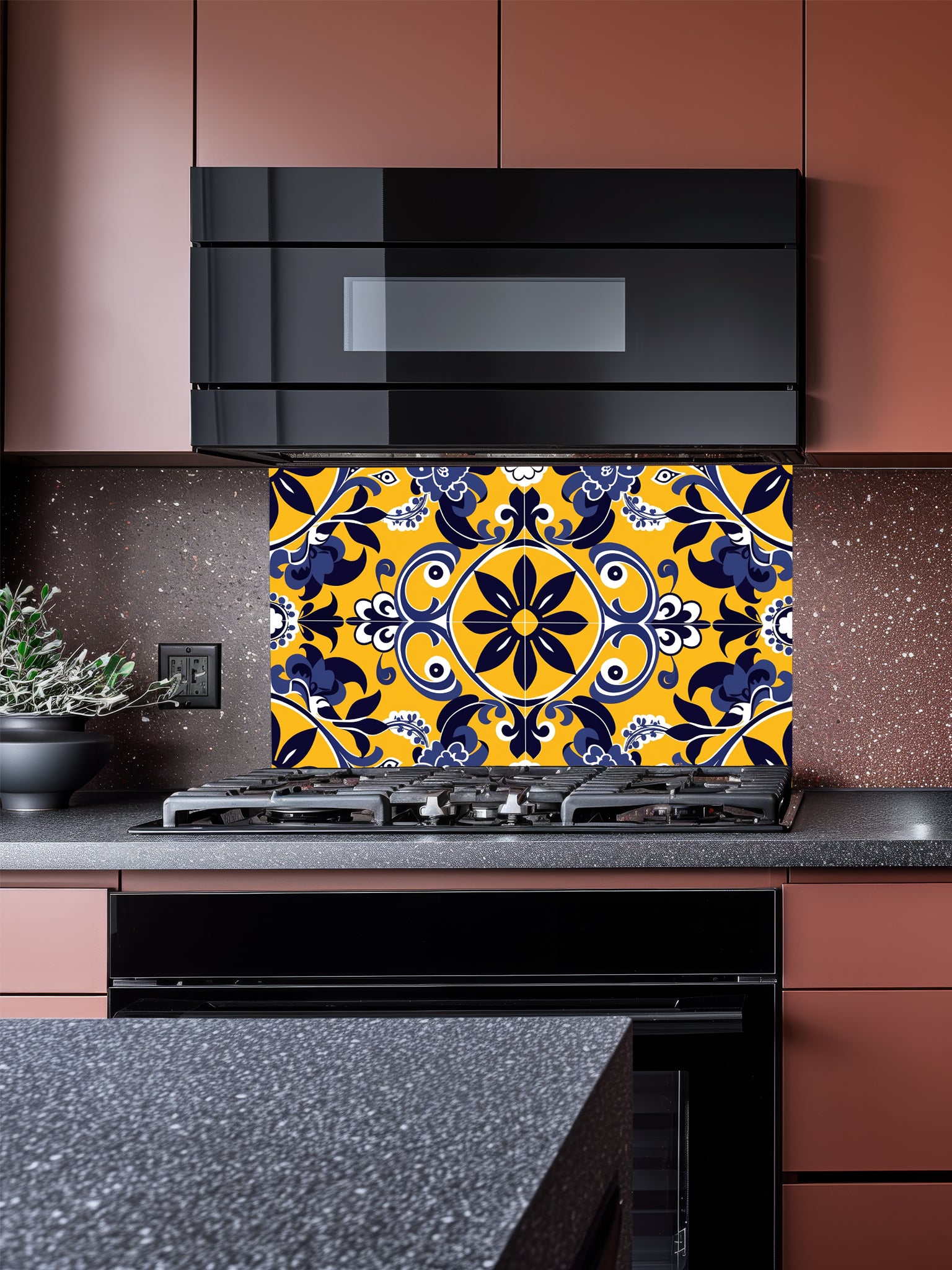 Vibrant traditional Talavera style faux tile pattern in bright yellow, deep navy blue, and white, UV printed on a smooth tempered glass kitchen backsplash.