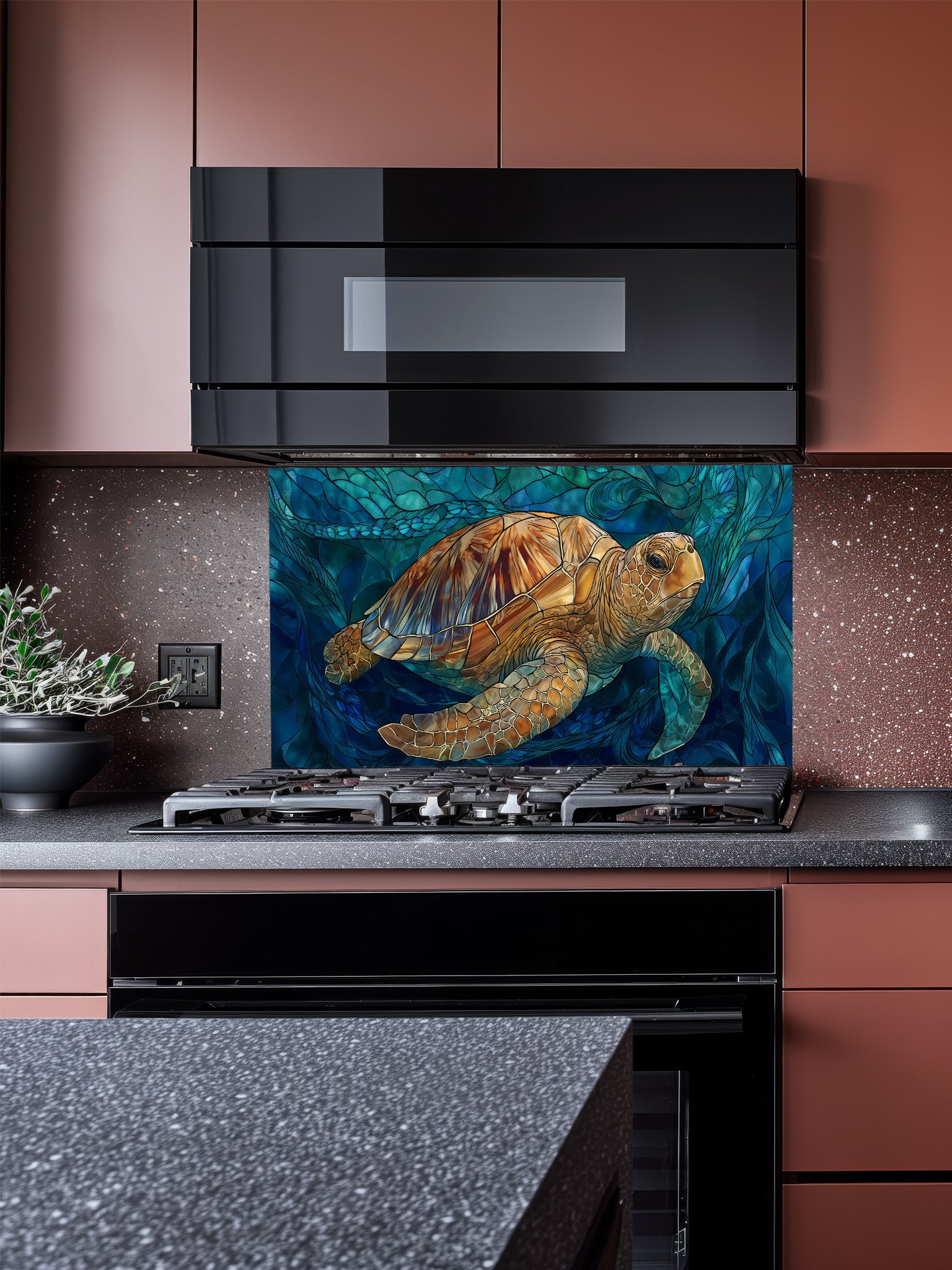 Tempered glass kitchen backsplash featuring a highly realistic 3D illusion of stained glass art showing a majestic sea turtle swimming through deep blue ocean flora and waves, installed behind a modern stainless steel stove.