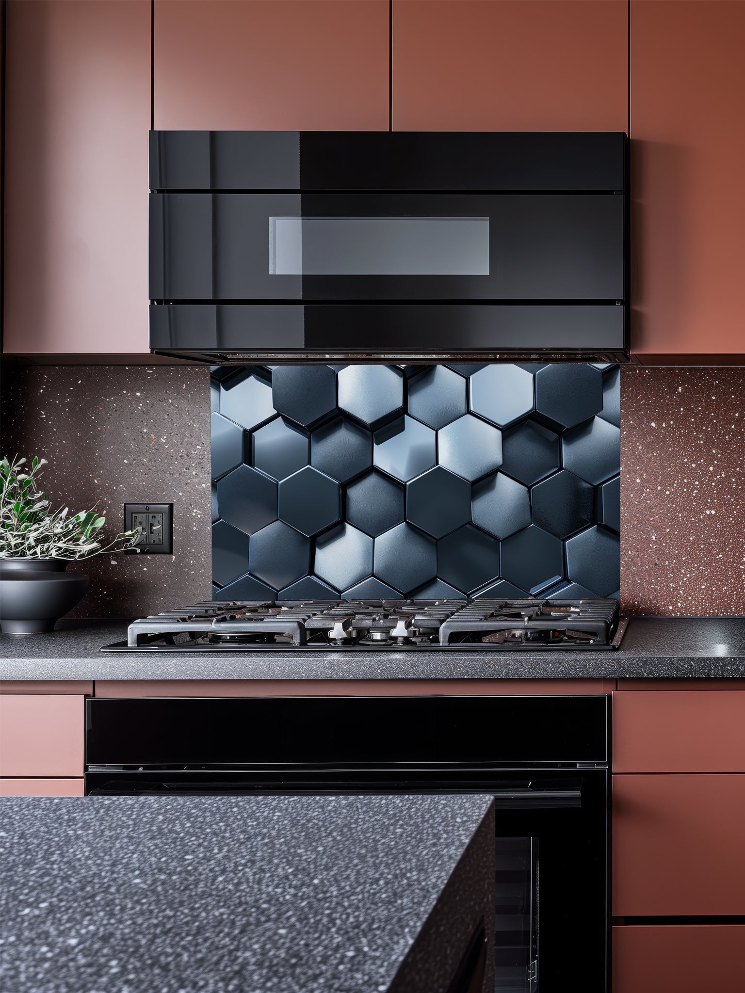 Faux 3D effect dark gunmetal metallic hexagon honeycomb tiles, UV printed on a smooth tempered glass kitchen backsplash, installed behind a modern stove.