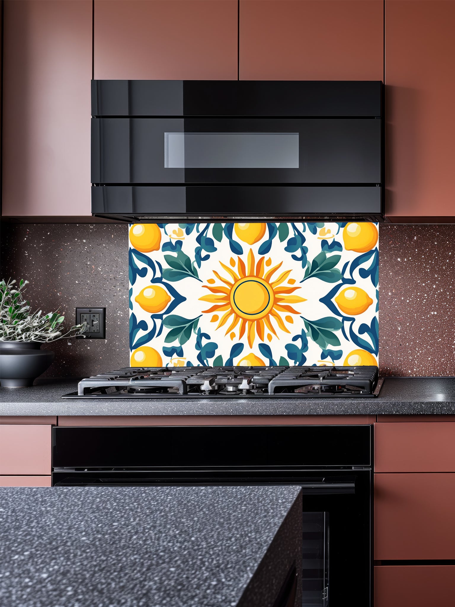 Vibrant Mediterranean Majolica style tile pattern featuring a central sun, yellow lemons, and teal leaves, UV printed on a smooth tempered glass kitchen backsplash.