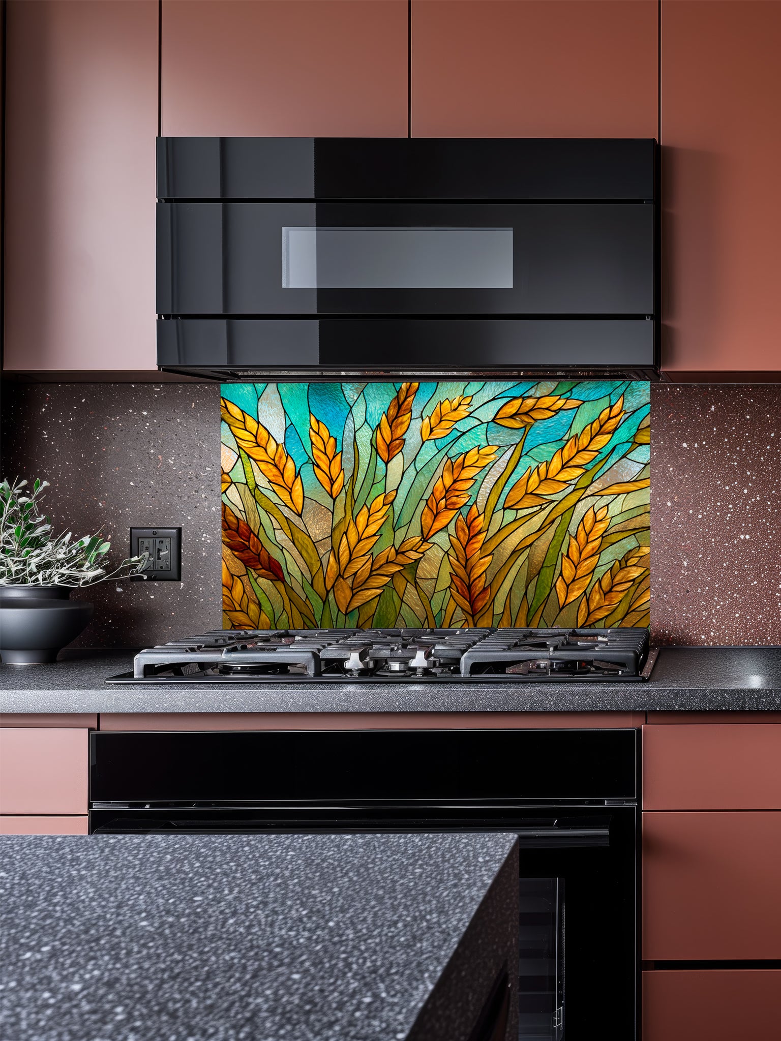 Tempered glass kitchen backsplash featuring a highly realistic 3D illusion of stained glass art showing golden amber wheat stalks swaying against a vibrant teal and turquoise sky with black faux lead lines, installed behind a modern black stove.