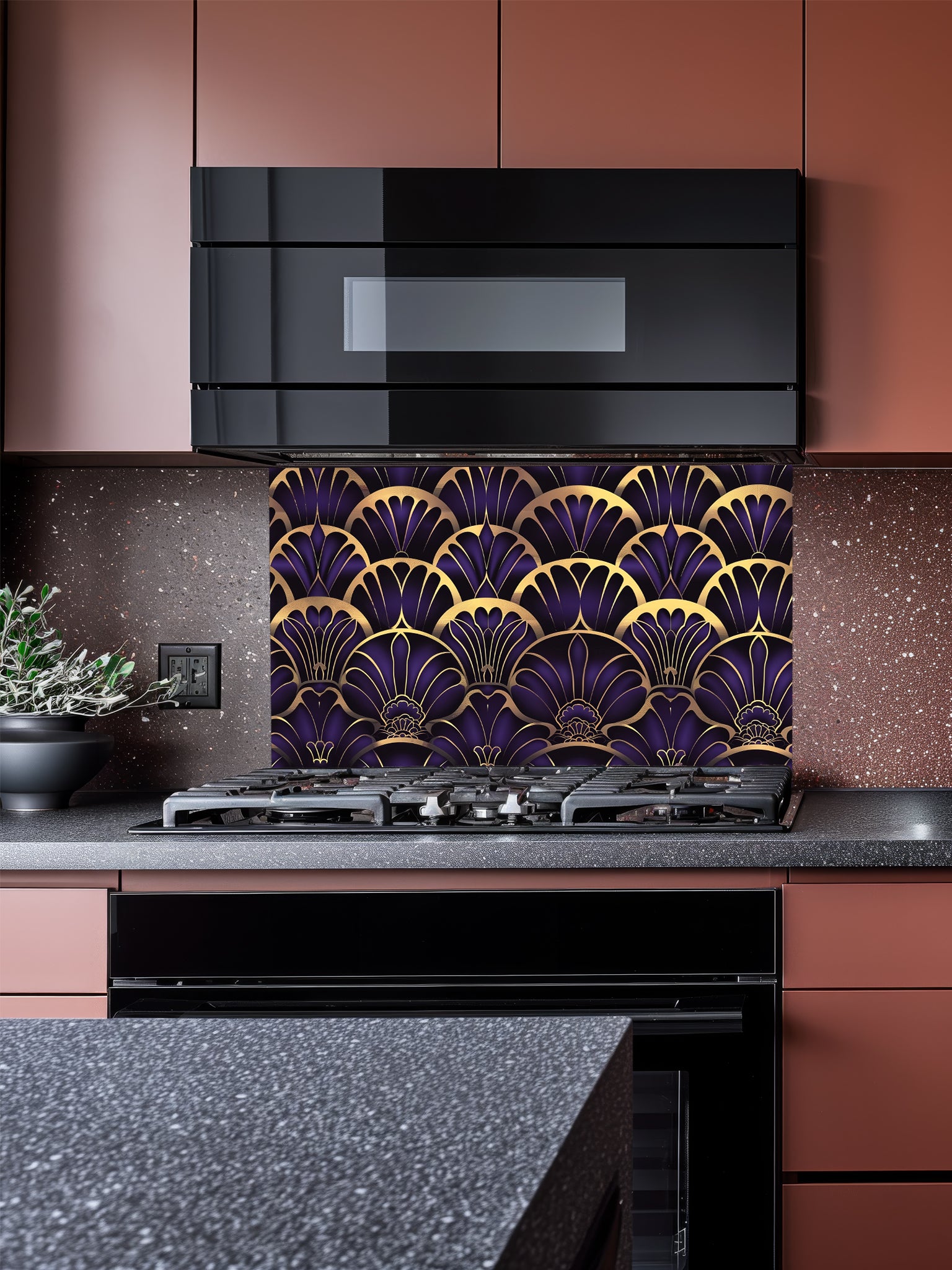 Tempered glass kitchen backsplash featuring a highly realistic 3D illusion of an Art Deco geometric scalloped fan pattern in luxurious royal purple and faux gold metallic outlines, installed behind a modern black stove.