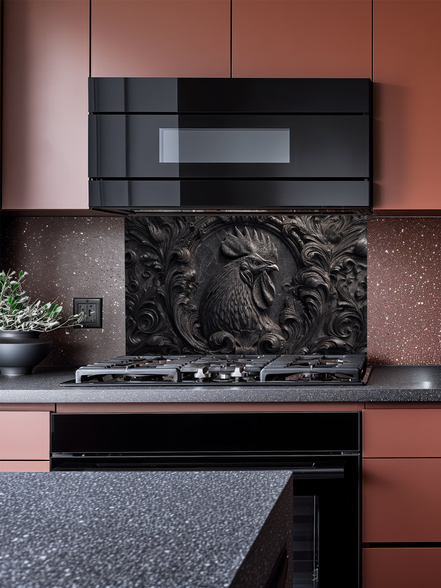 Faux 3D effect dark stone relief carving of a rooster and ornate scrollwork, UV printed on a smooth tempered glass kitchen backsplash, installed behind a modern stove.