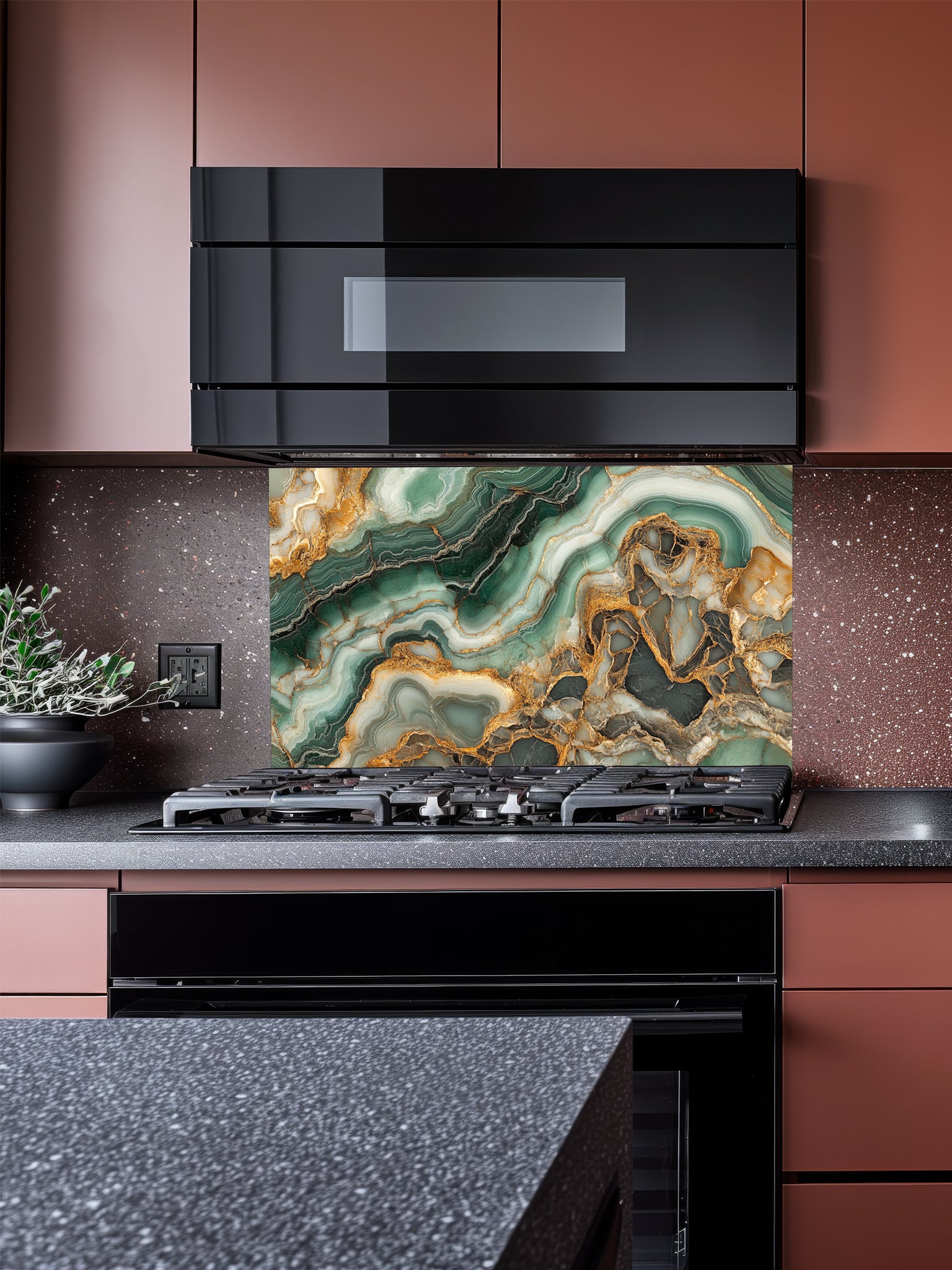 Faux luxury stone slice pattern featuring deep emerald green agate layers and striking gold veins, UV printed on a smooth tempered glass kitchen backsplash.