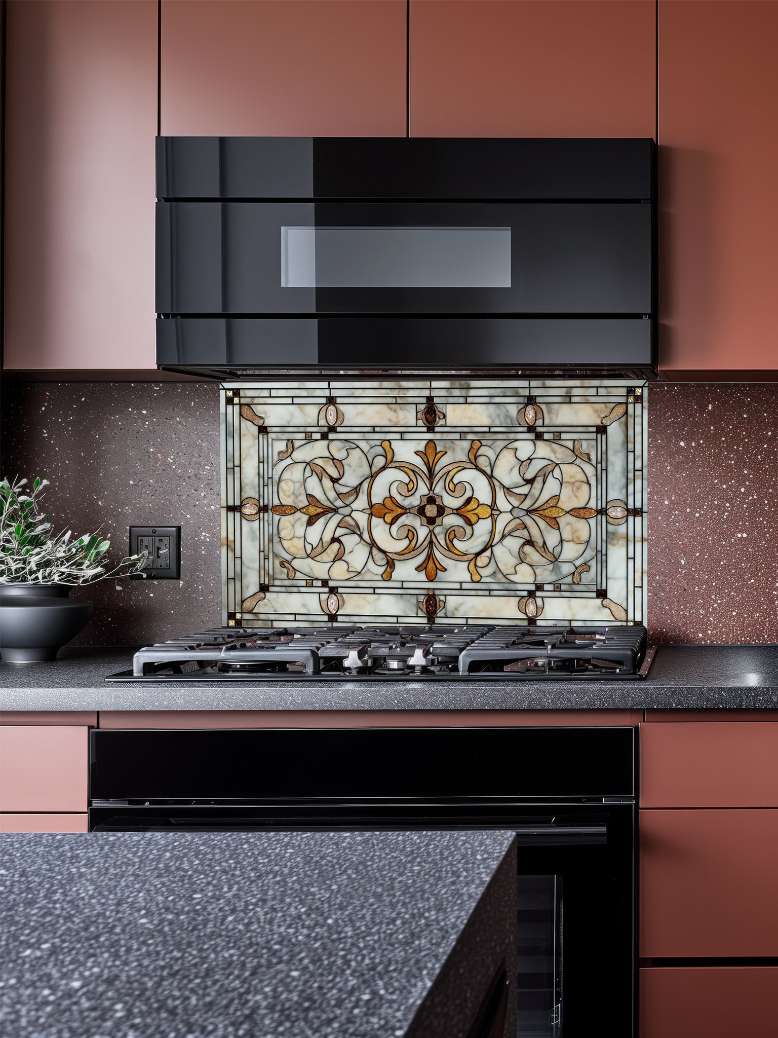 Faux antique leaded stained glass panel featuring elegant symmetrical scrollwork in warm amber and marbled cream tones, UV printed on a smooth tempered glass kitchen backsplash.