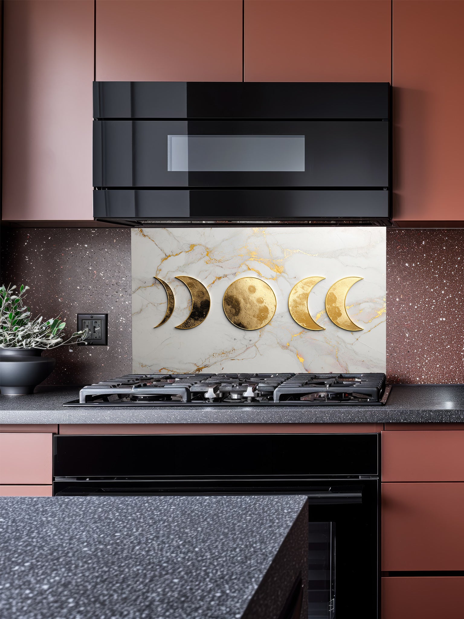Faux 3D effect textured metallic gold moon phases on an elegant white and gold veined marble background, UV printed on a smooth tempered glass kitchen backsplash, installed behind a modern stove.