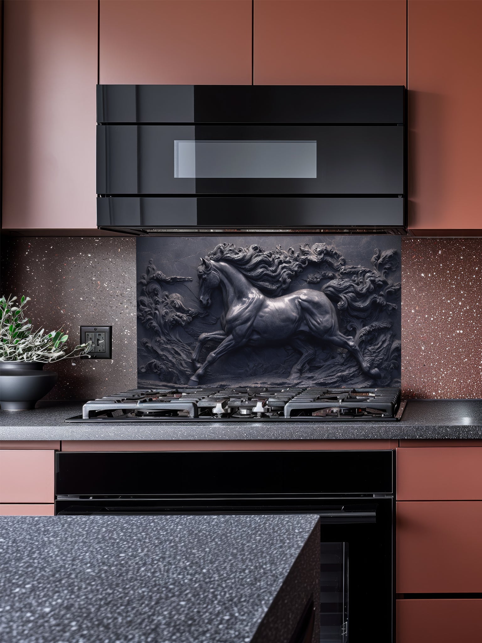 Faux 3D sculpted dark slate and black cast iron relief of a majestic galloping horse through swirling waves, UV printed on a smooth tempered glass kitchen backsplash.